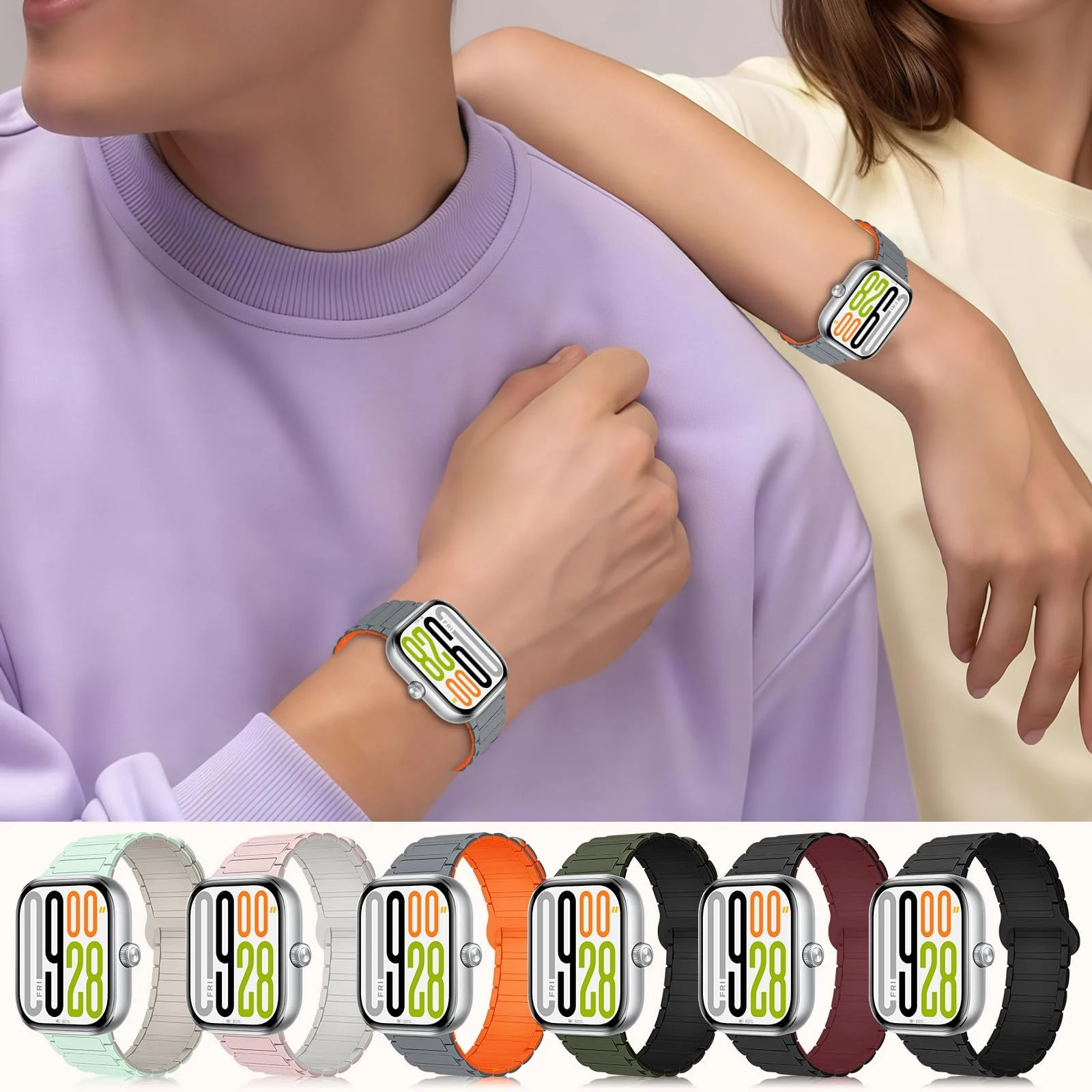 DL3 MOBILAK Magnetic Silicone Sport Watch Strap for Xiaomi Redmi Watch 4 / 5 / 6 / Smart Band 8 Pro / Band 9 Pro, Starlight / Gray