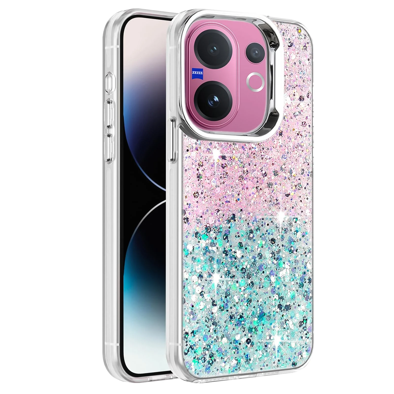 DL3 Mobilak Glitter Rhinestone Protective Case for vivo V60 with Shockproof Design - Pink Green