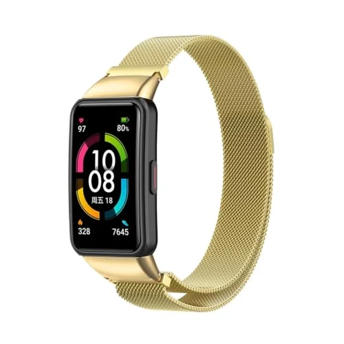 Dl3 Mobilak Strap for Honor Band 6/Huawei Band 6/Huawei Band 6 Pro, Metal Woven Stainless Steel Magnetic Replacement Strap, Classic Adjustable Watch Strap For Honor Band 6 Bracelets (Gold)