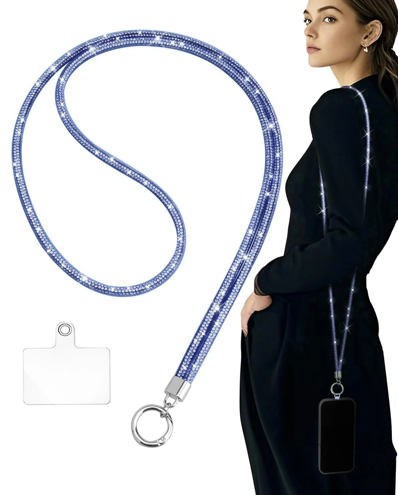 DL3 Mobilak Universal Phone Lanyard Crossbody, Rhinestone Cell Phone Chain Anti-Theft with 1× Shiny Phone Strap, 1× Pad for Most Smartphones, Diamond Phone Neck Holder for Women - Blue