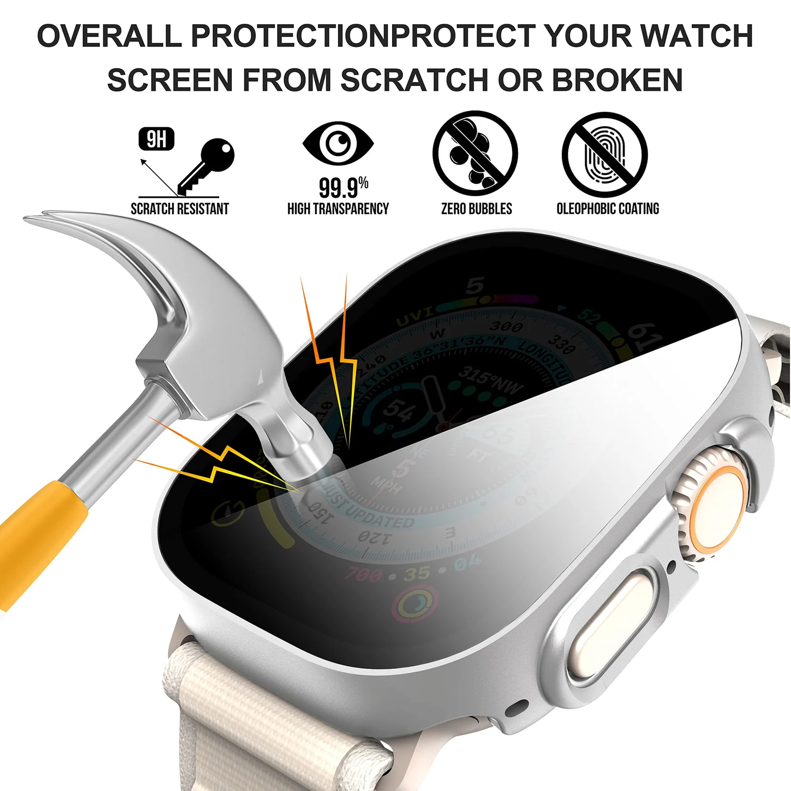 DL3 Mobilak Cover for Apple Watch Ultra 3/2/1 49mm Privacy Screen Protector Anti Spy, Shockproof Bumper Case, Integrated Hard PC Protective Case in HD Tempered Glass for Apple Watch Ultra - Silver