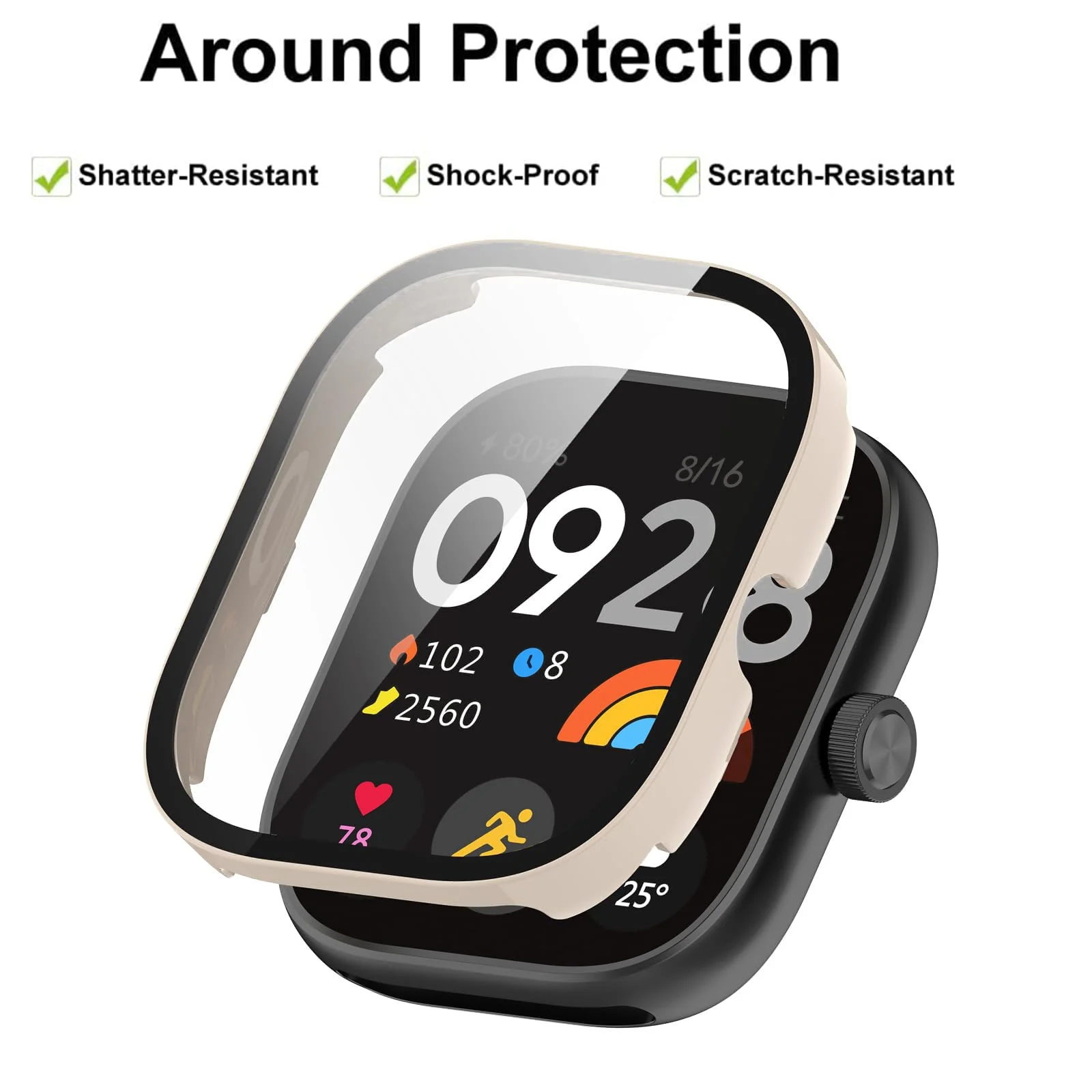 DL3 MOBILAK Full-Coverage Watch Case with Tempered Glass for Xiaomi Redmi Watch 4, Ivory White