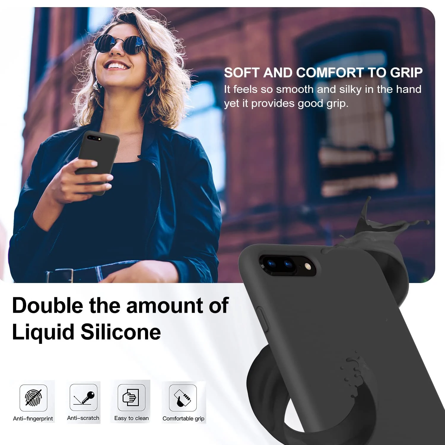 DL3 Mobilak Liquid Silicone Protective Case with Soft Microfiber Lining for iPhone 7 Plus / iPhone 8 Plus - Black