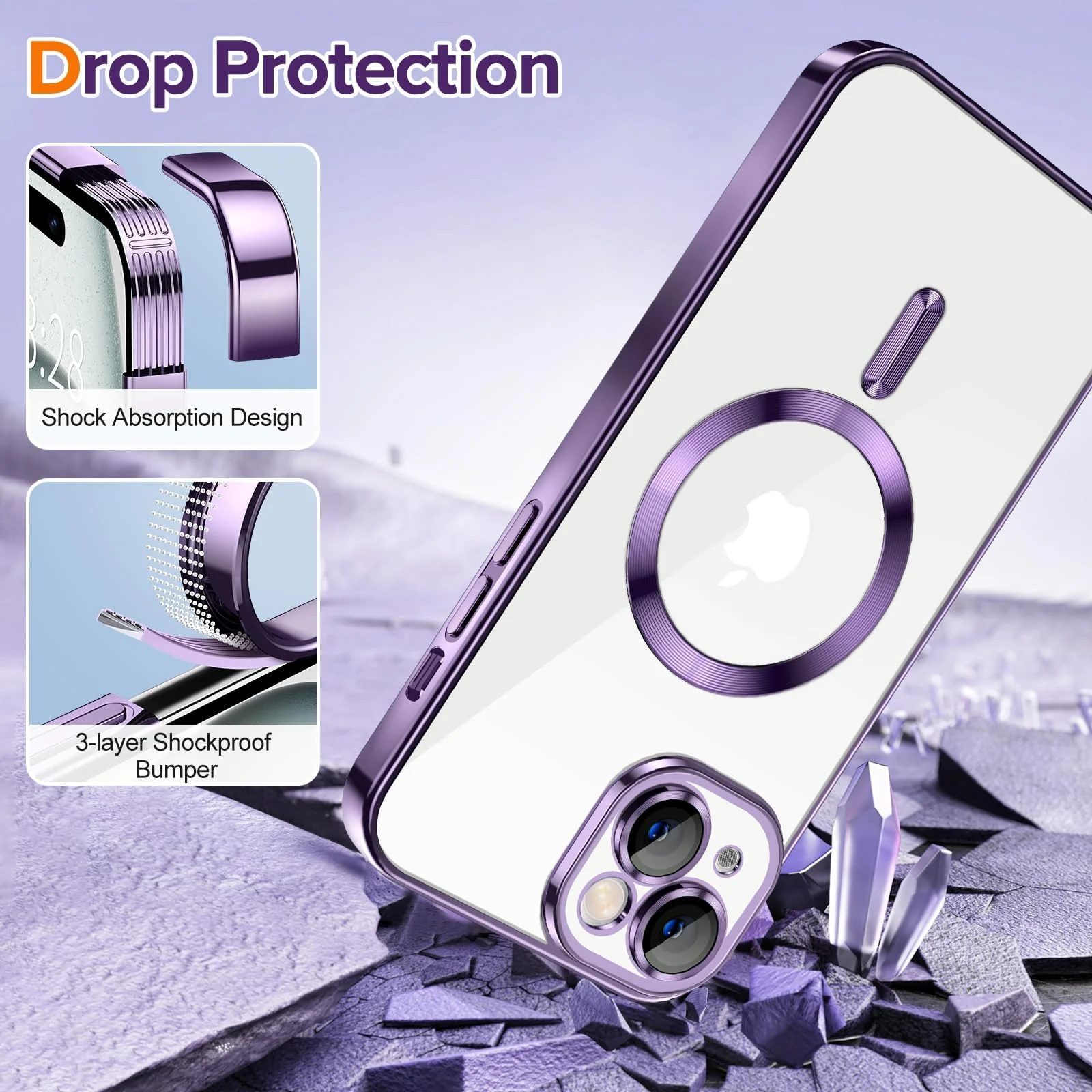 DL3 Mobilak Clear TPU Case for iPhone 13 (6.1 Inch) Compatible with, Compatible with MagSafe accessories, Supports wireless charging, Camera protection - Deep Purple