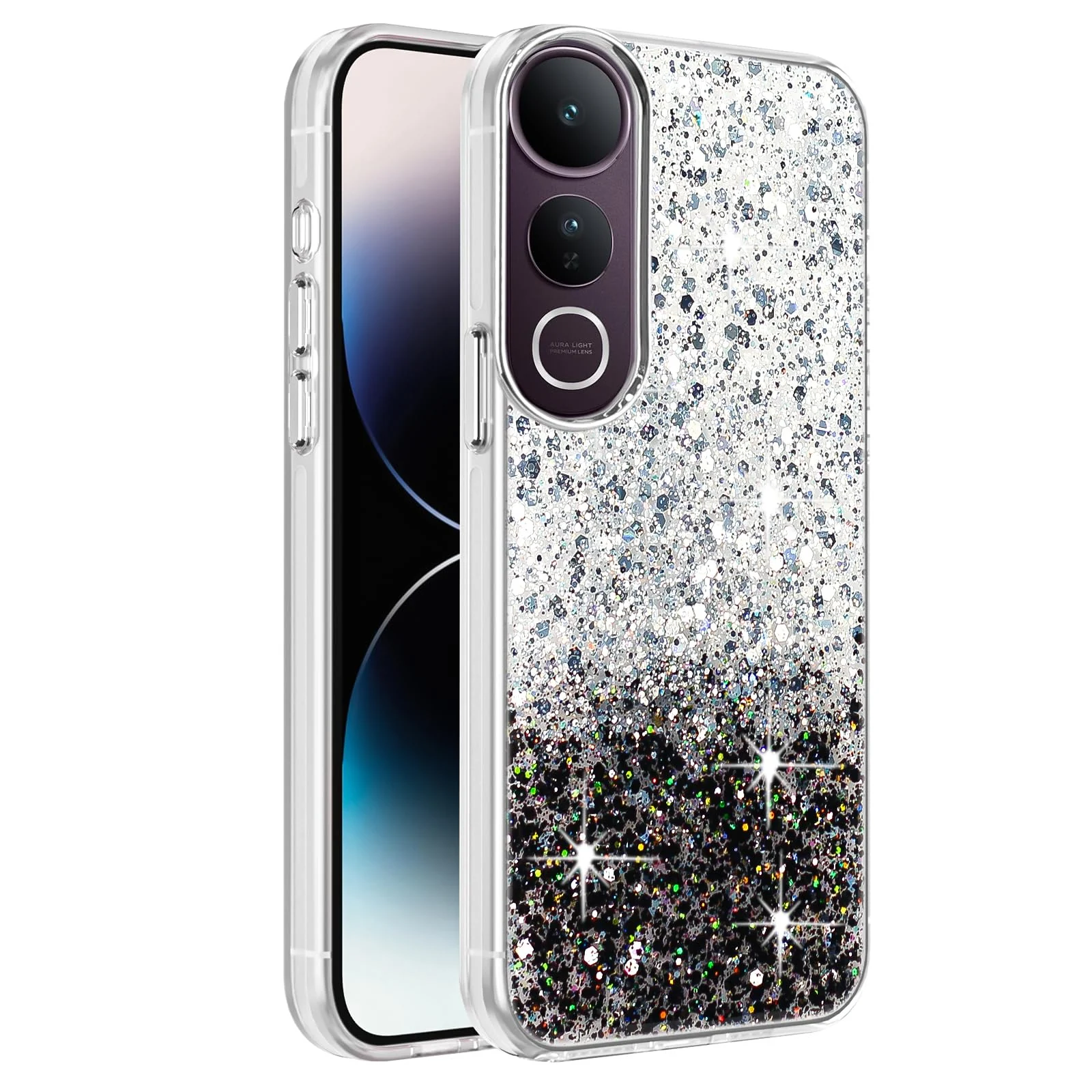 Dl3 Mobilak Compatible with Vivo V50 Lite 4G / 5G Case, Clear Glitter Bling Sparkly, Soft TPU Frame Bumper, Hard-Back Cover for Women & Girls, Transparent Protective Phone Case (Pink Green)