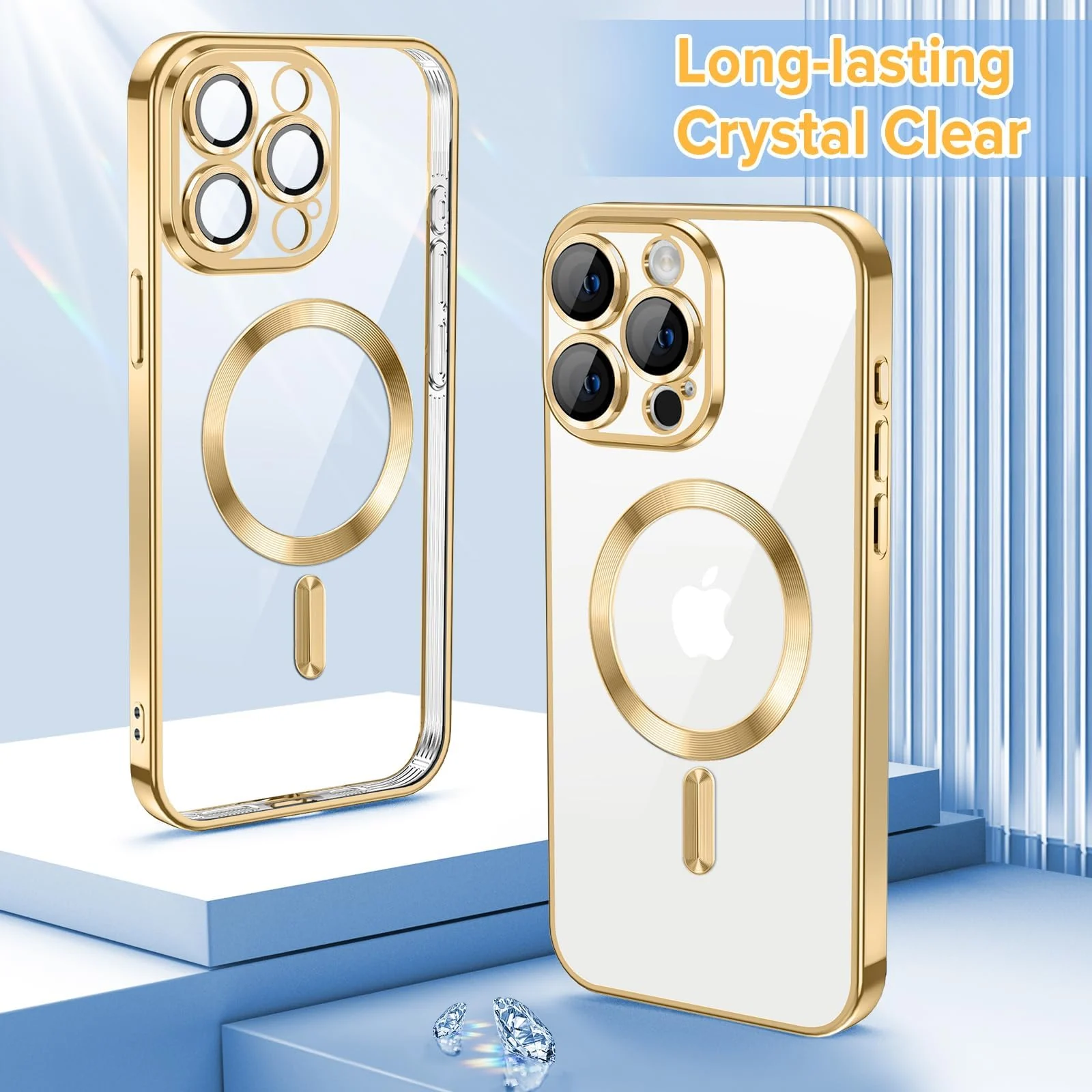 DL3 Mobilak Clear MagSafe-Compatible Magnetic Case for iPhone 15 Pro Max with Camera Protection and Shockproof Design - Gold