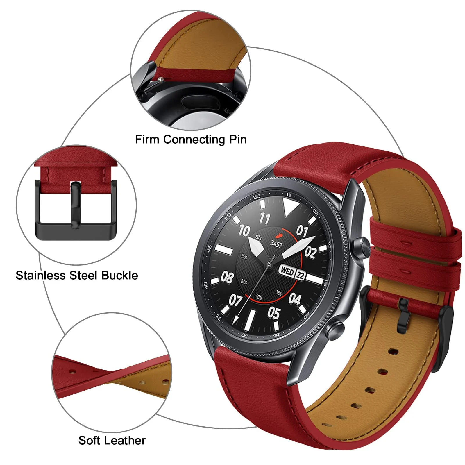 DL3 Mobilak Leather Band 20MM Strap For Samsung Gear Sport/Watch 4/Watch 5/5 Pro /S2 classic/active 2 40mm 44mm/Amazfit GTS 3/ GTS 4/4 Mini/Bip 3/Pro/GTS 2 mini/GTS 2e/Bip U/UPro - Red