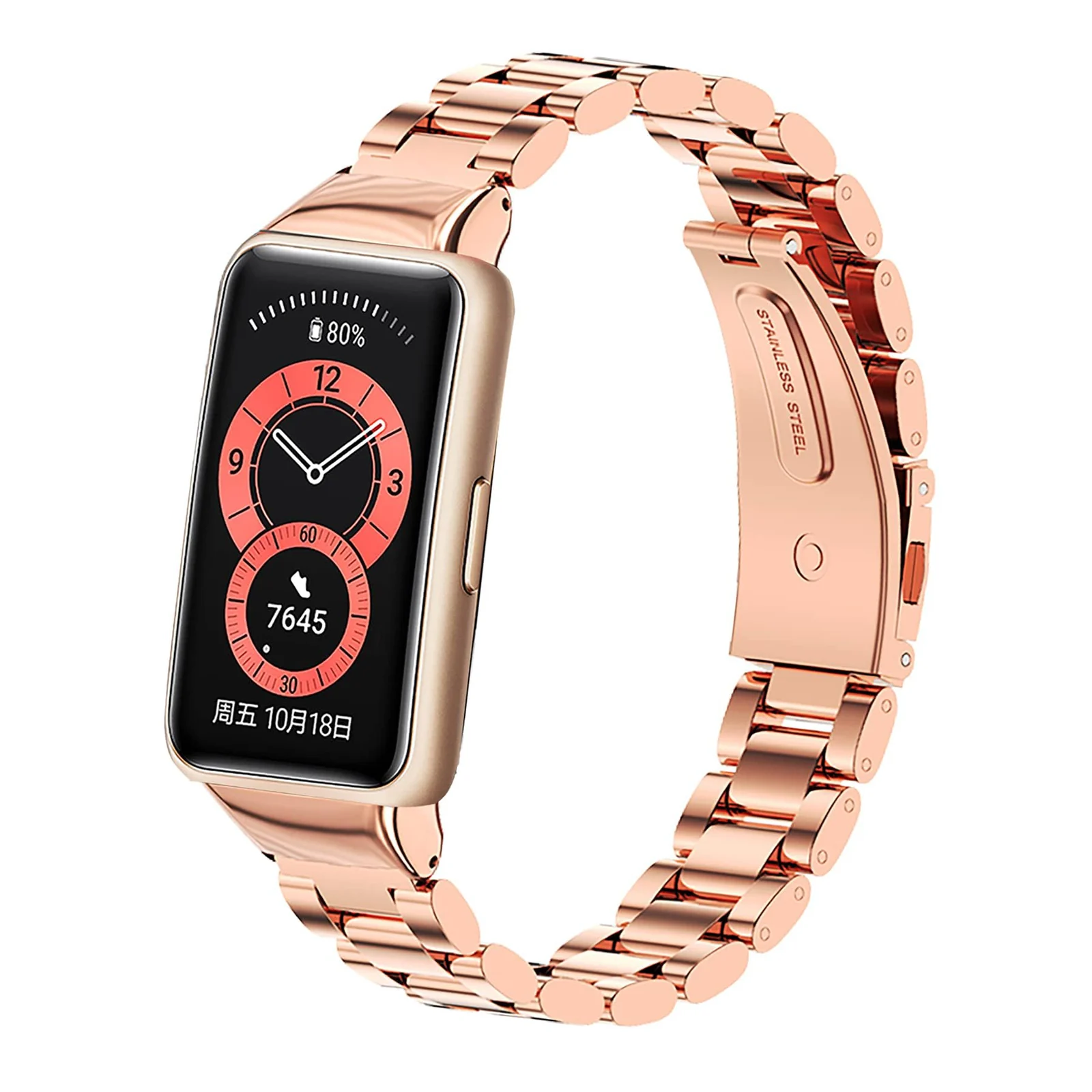 MOBIGON Stainless Steel Bracelet Strap with Double-Folding Clasp for Huawei Band 6 / HONOR Band 6 / HONOR Band 7, Rose Gold