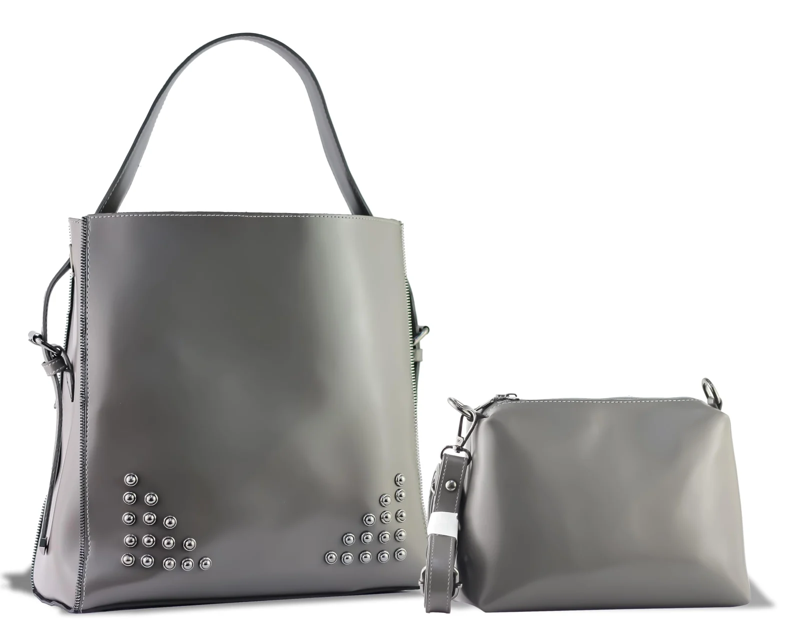 Mobigon Women’s 2-in-1 Hobo Shoulder Bag Set, Premium Handbag with Studded Details, Magnetic Snap Closure, Mini Crossbody Pouch with Zipper & Adjustable Adjustable Strap - Gray