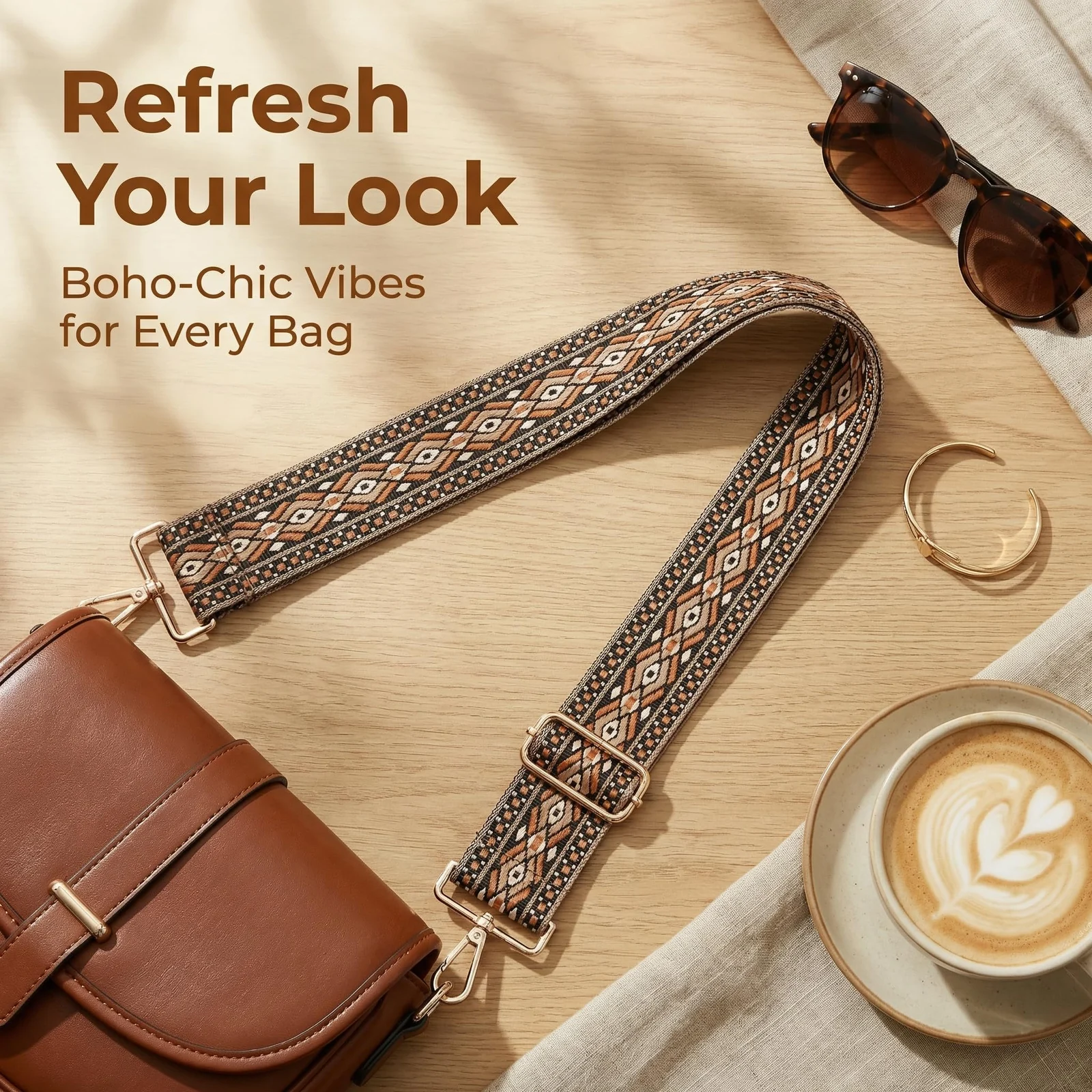 DL3 Mobilak Adjustable Wide Crossbody Bag Strap for Women, Replacement Shoulder Strap for Handbags, Totes & Purses with Elegant Embroidered Pattern and Metal Hooks - Black/Brown