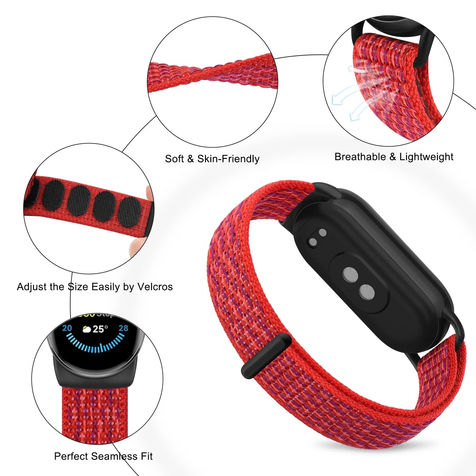 DL3 Mobilak Nylon Sport Band Compatible with Xiaomi Mi Band 10/9/8 for Women Men, Soft Adjustable Breathable Sport Loop Watch Strap Replacement Wristband for Xiaomi Smart Band 8/9/10 - Red