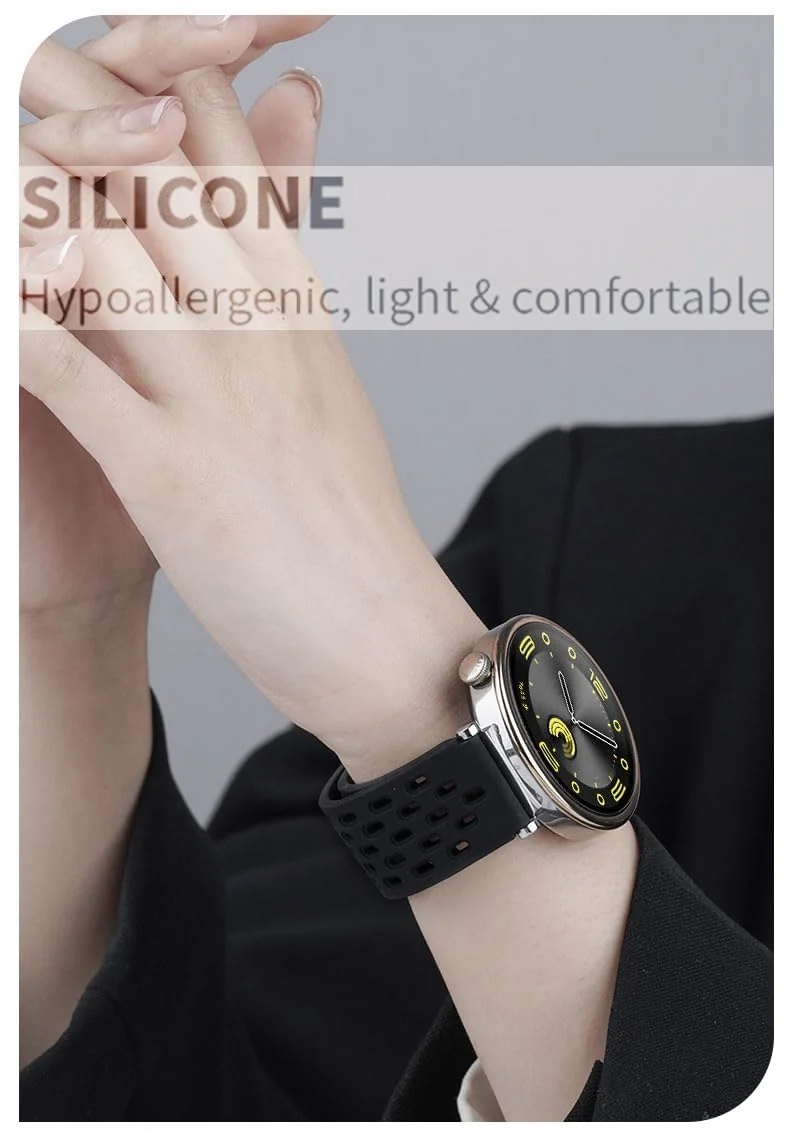 DL3 Mobilak 18mm Silicone Strap For Huawei Watch GT 6 41mm/GT 5 Pro 42 mm/GT 5 41mm/GT4 41 mm/Watch 5 42mm Magnetic Metal Buckle Sport Silicone Breathable Strap, Band Soft Replacment Wristband - Black