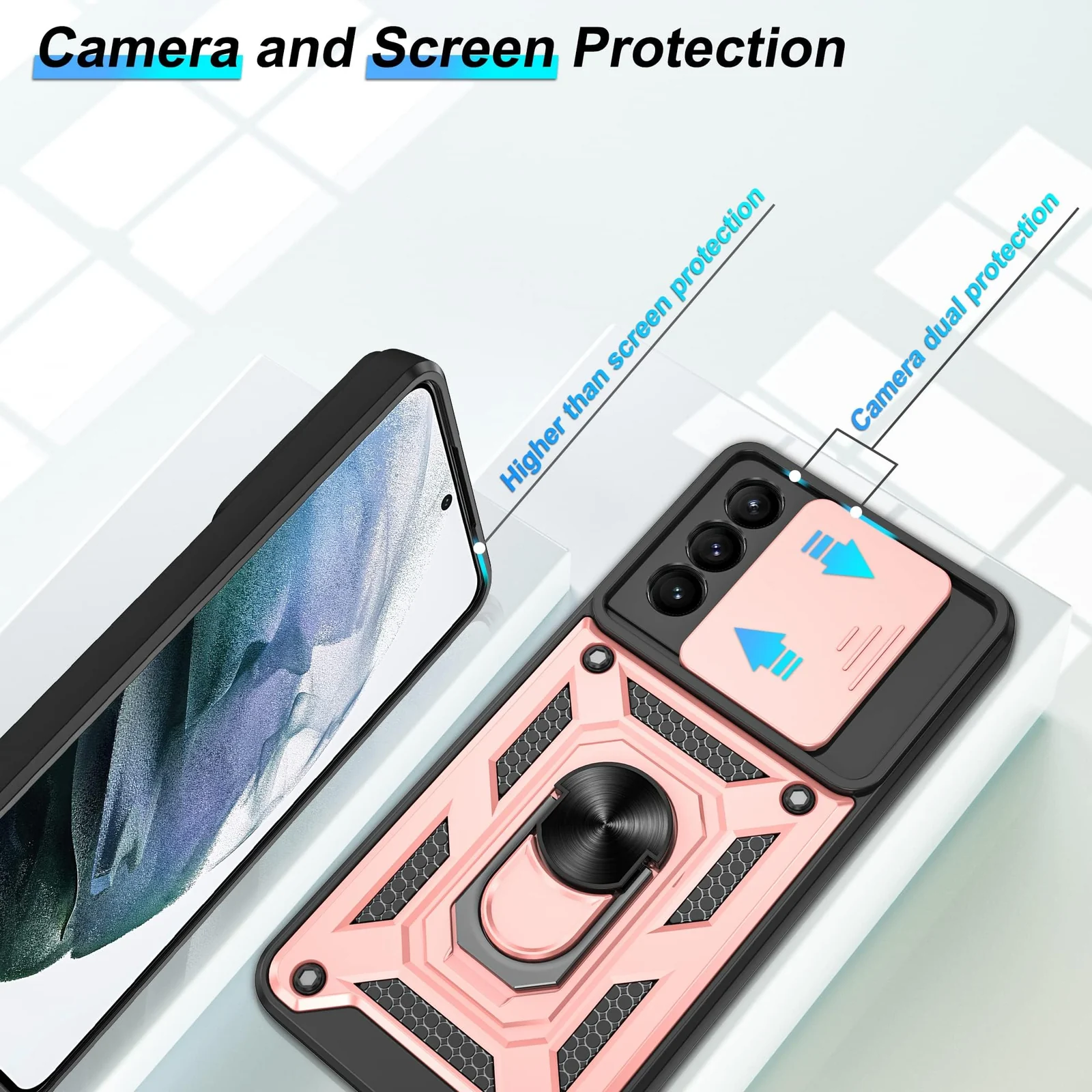 DL3 Mobilak Case for Samsung S21 PLUS with Slide Camera Cover, Military Grade Shockproof Protective Cover with Rotatable Metal Ring Kickstand [Support Magnetic Car Mount] - Rose Gold