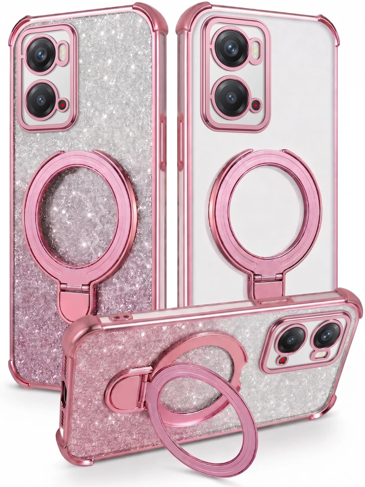 Mobigon Glitter Phone Case Compatible with OPPO A36 / A76 / A96, Magnetic Ring Stand Shockproof Cover, Clear Soft TPU Bumper with Full Camera Protection - Pink
