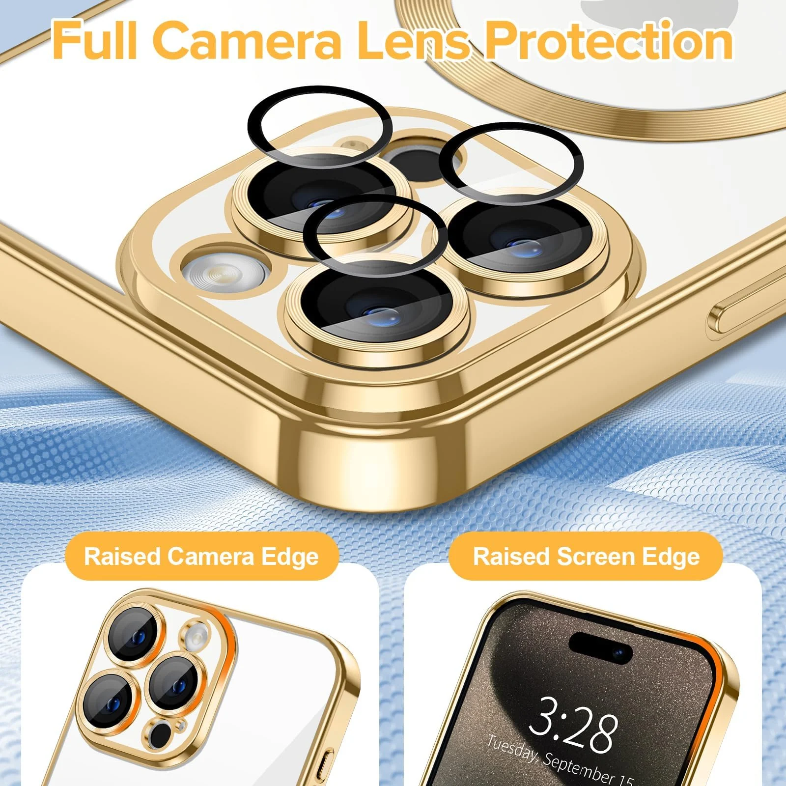 DL3 Mobilak Clear MagSafe-Compatible Magnetic Case for iPhone 15 Pro Max with Camera Protection and Shockproof Design - Gold