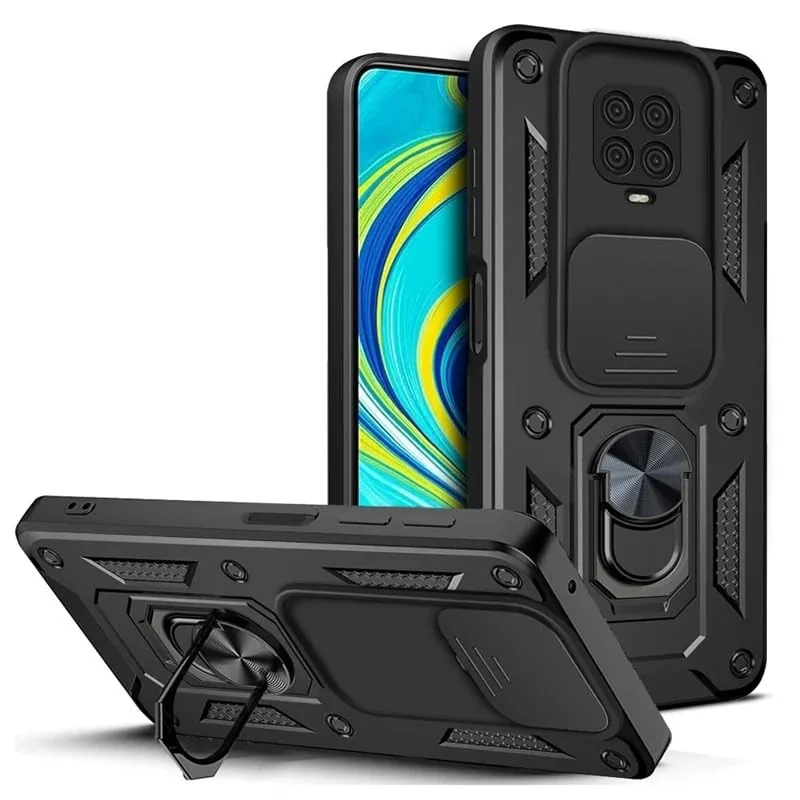 DL3 Mobilak Protective Case with Sliding Camera Cover, Metal Ring Kickstand and Magnetic Car-Mount Support for Xiaomi Redmi Note 9S / 9 Pro / 9 Pro Max - Black