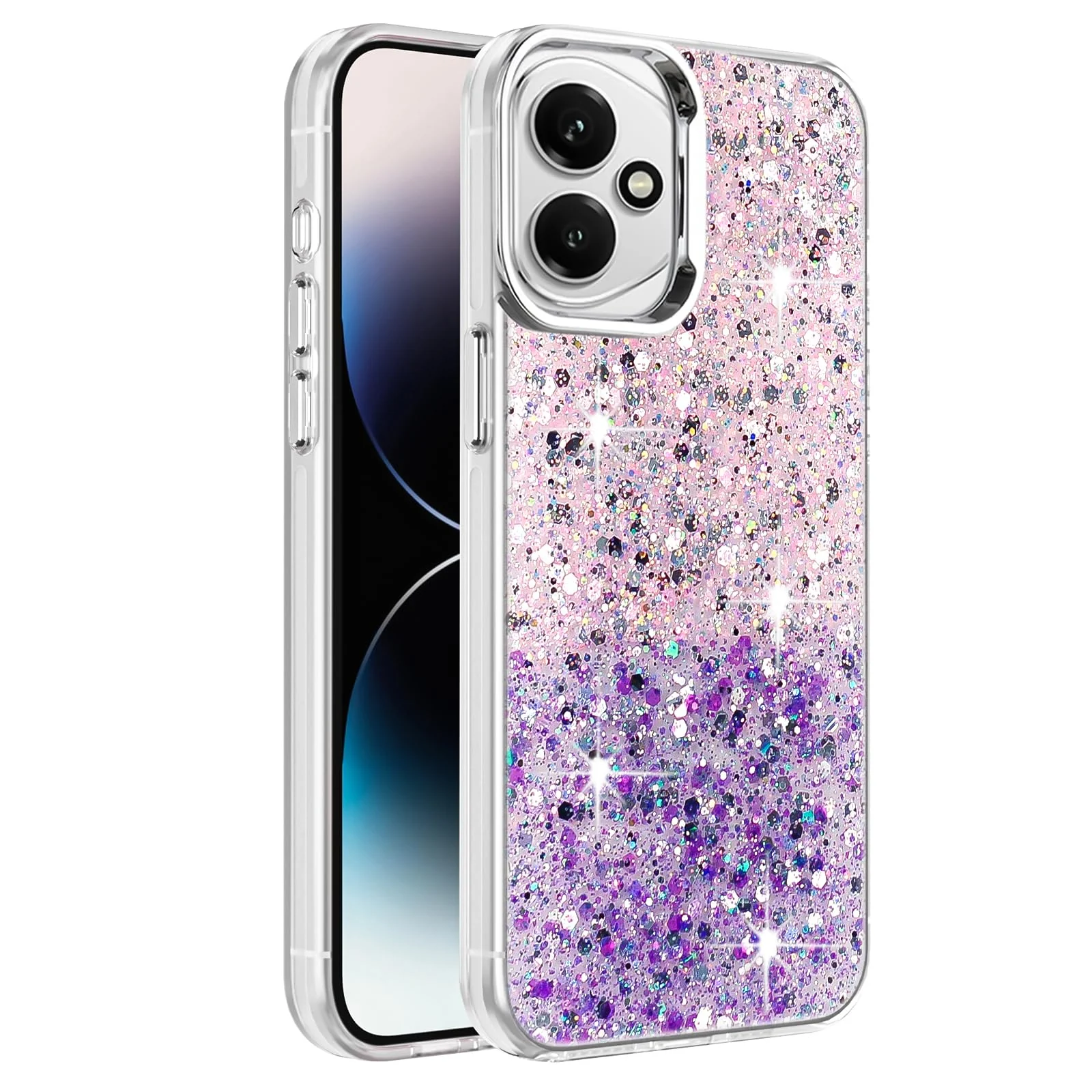 DL3 Mobilak Glitter Protective Case for Honor 400 5G, Supports wireless charging, Camera protection, Shock-absorbing protection - Pink Purple