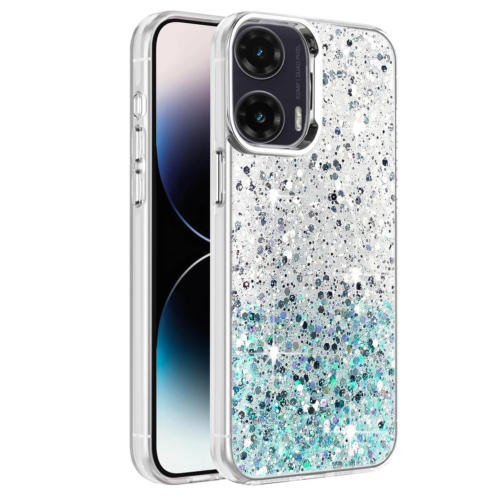 DL3 Mobilak Glitter Protective Case for Motorola Moto G35 5G, Supports wireless charging, Camera protection, Shock-absorbing protection - White Green