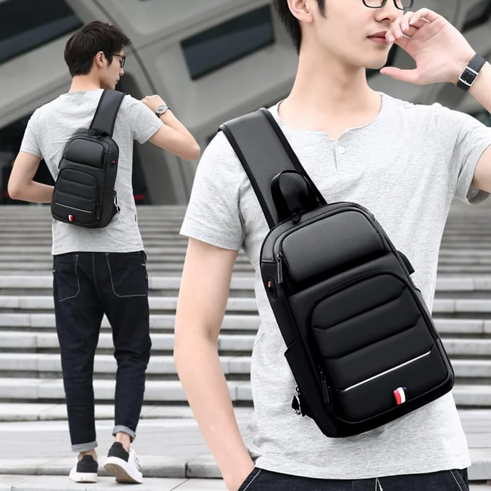 Mobigon Laptop Sling Backpack Anti Theft Bag, Hiking Daypack 12 Inch Fits iPad - Tablet 7 to 9.7 Inch Waterproof Nylon Crossbody Bags for Men, Single Shoulder Camping Dayback with USB Port - Black
