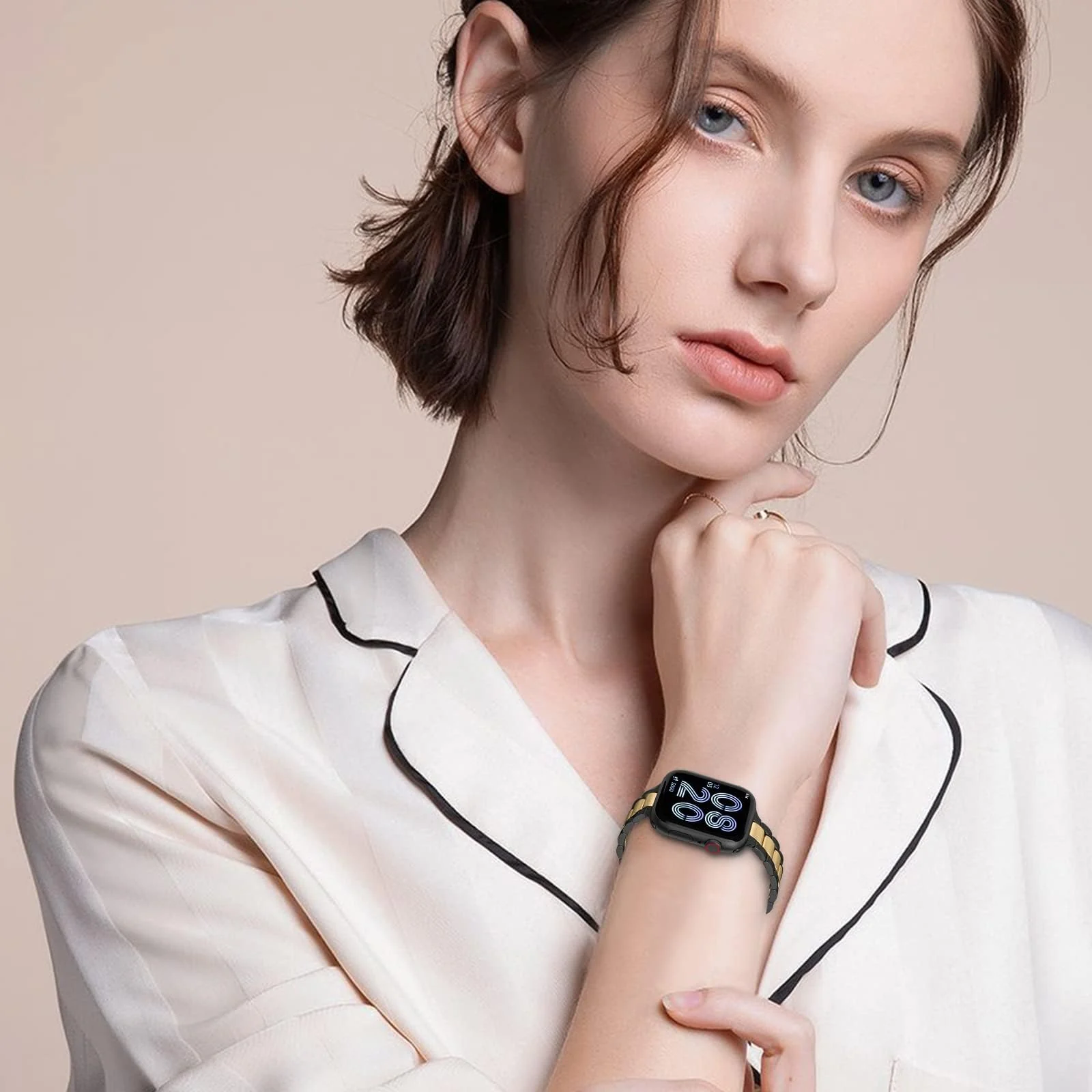 DL3 Mobilak Stainless Steel Band with Case Compatible with Apple Watch Band 45mm Series 9/8/7, Men Woman Business Strap with Protective Bumper Cover for iWatch Series 7/8/9 45mm - Black Gold