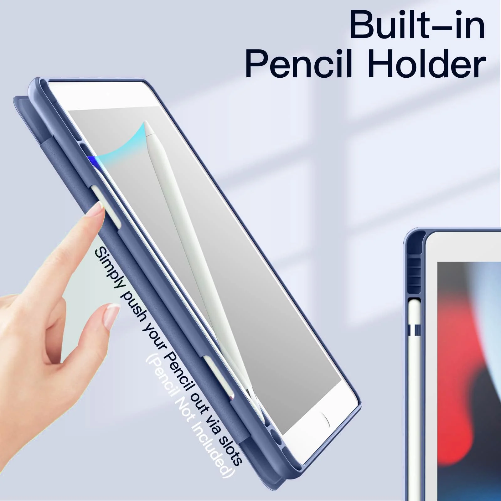 DL3 Mobilak Case for iPad 10.2-Inch (9th/8th/7th Generation, 2021/2020/2019), Clear Shockproof Back Cover Built-in Pencil Holder, Auto Sleep/Wake - Navy Blue