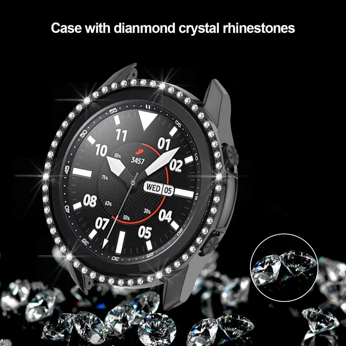 DL3 Mobilak Bumper Diamond Case Compatible with Samsung Galaxy Watch 3 45MM, Bling Crystal Diamonds PC Plastic Protector Case Cover Frame for Galaxy Watch3 45 MM - Black