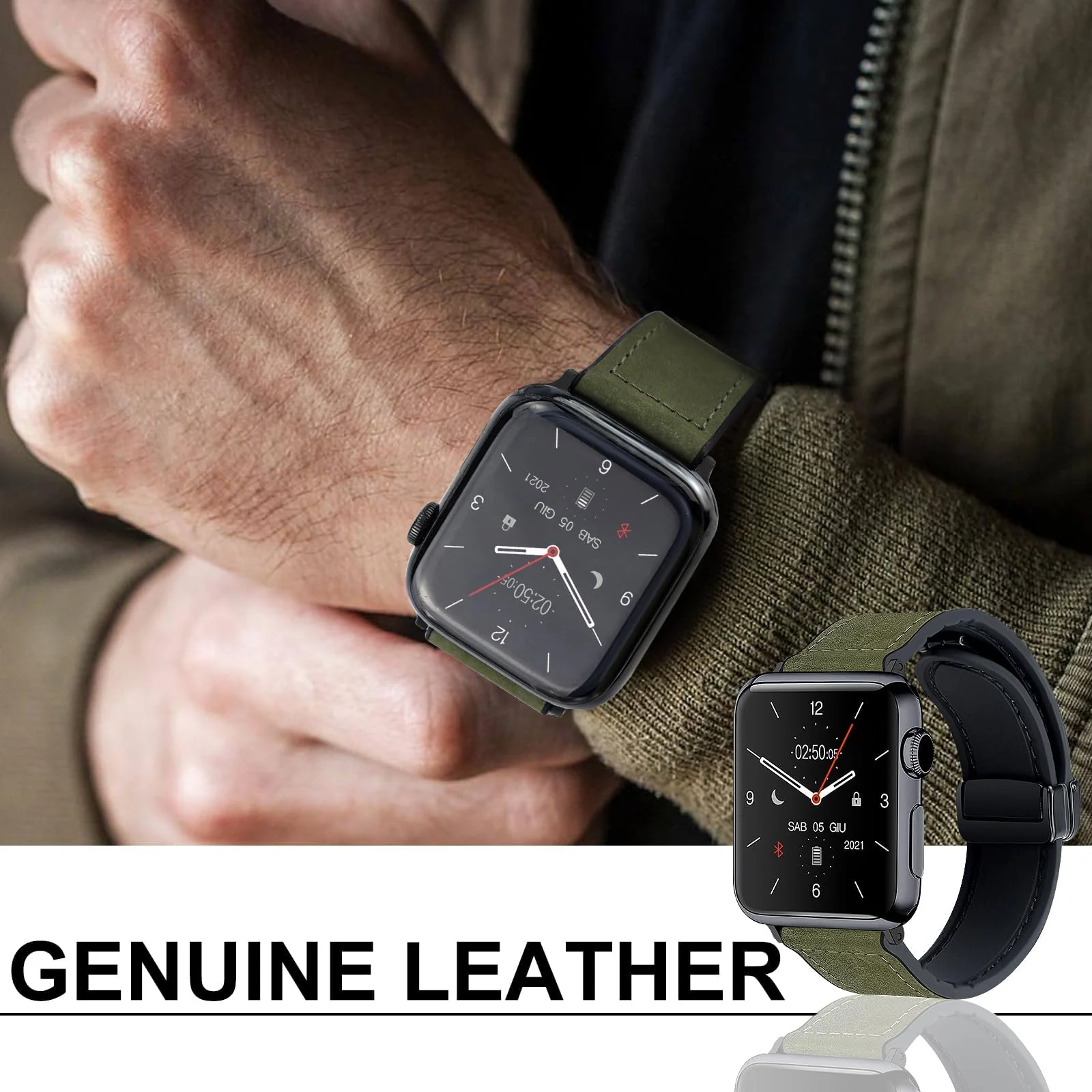 DL3 Mobilak Leather Bands Compatible with Apple Watch Band 49mm 45mm 44mm 42mm, Leather Magnetic Buckle Design Strap For iWatch Ultra Ultra 2 SE Series 9 8 7 6 5 4 3 2 1 Wristband For Men Women - Black