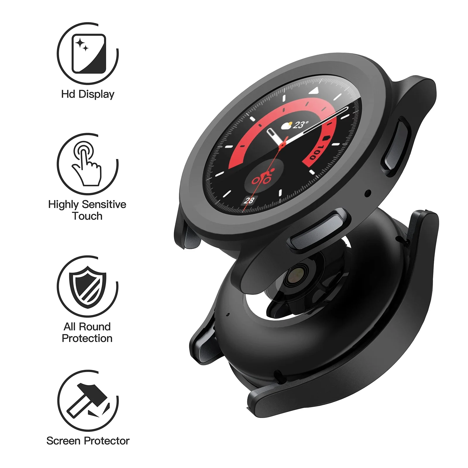 DL3 Mobilak Protective Case Compatible with Samsung Galaxy Watch 5 Pro 45mm 9H Hardness PC Case Bumper Full Slim Protective Cover with Tempered Glass For Samsung Galaxy Watch5 Pro 45mm - Black