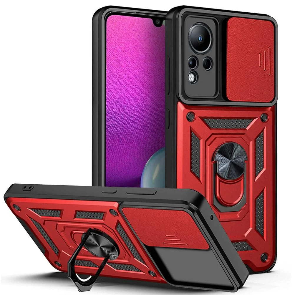 DL3 Mobilak Military-Grade Protective Case with Sliding Camera Cover, Metal Ring Kickstand and Magnetic Car-Mount Support for Infinix Note 12 / Infinix Note 11 - Red