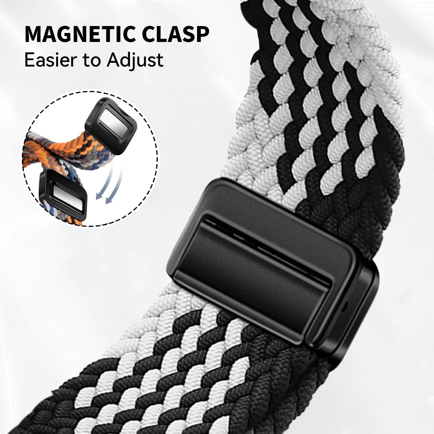 DL3 Mobilak 22mm Magnetic Band for Redmi Watch 5 Active/5 Lite/Samsung Galaxy Watch 3 45mm/Watch 46mm/Gear S3/Huawei watch GT6 GT5 46MM/GT2E/GT6 Pro/GT 5 Pro/Amazfit GTR 4/3, Stretchy Braided Nylon Sport Strap - White-black