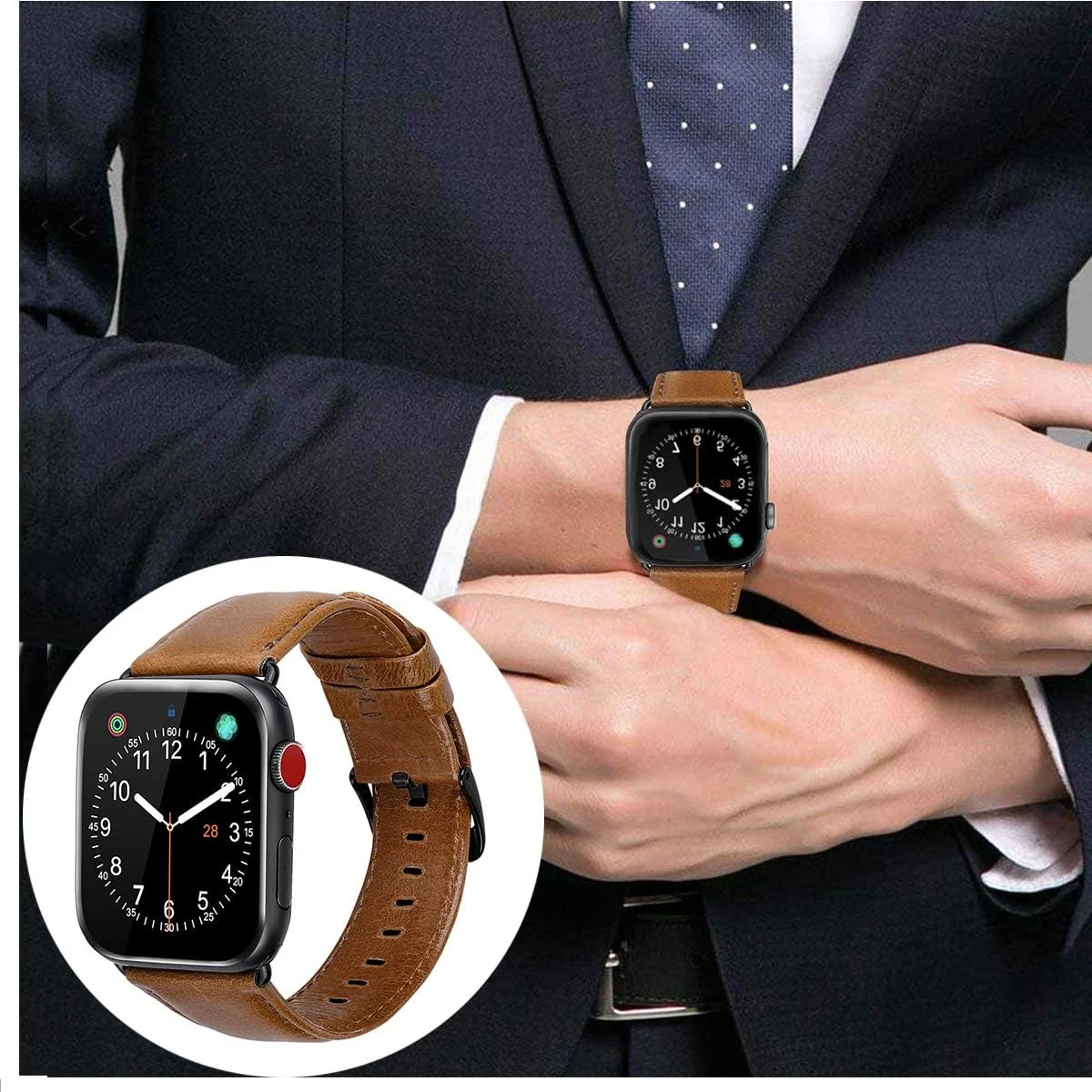 DL3 Mobilak Compatible with Apple Watch Band 49mm 46mm 45mm 44mm 42mm Leather Band Replacement Strap, Soft Leather Bracelet for iWatch Series 11 10 9 8 7 6 5 4 SE SE2 Ultra 3 2 1 - Black