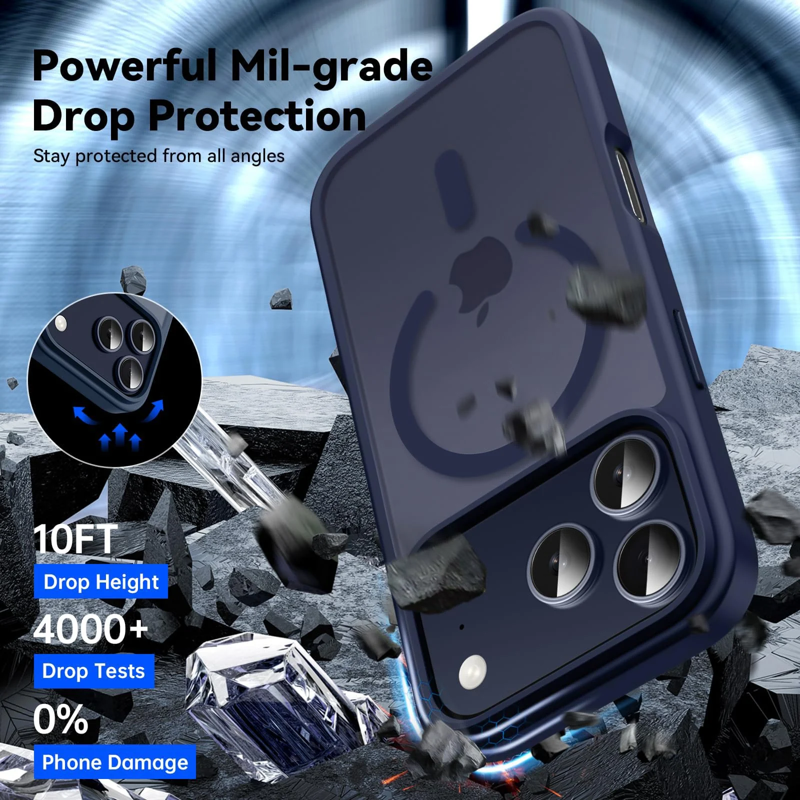 DL3 Mobilak Translucent Matte Case for iPhone 17 Pro Max, Compatible with MagSafe accessories, Supports wireless charging, Built-in magnetic car-mount support - Dark Blue