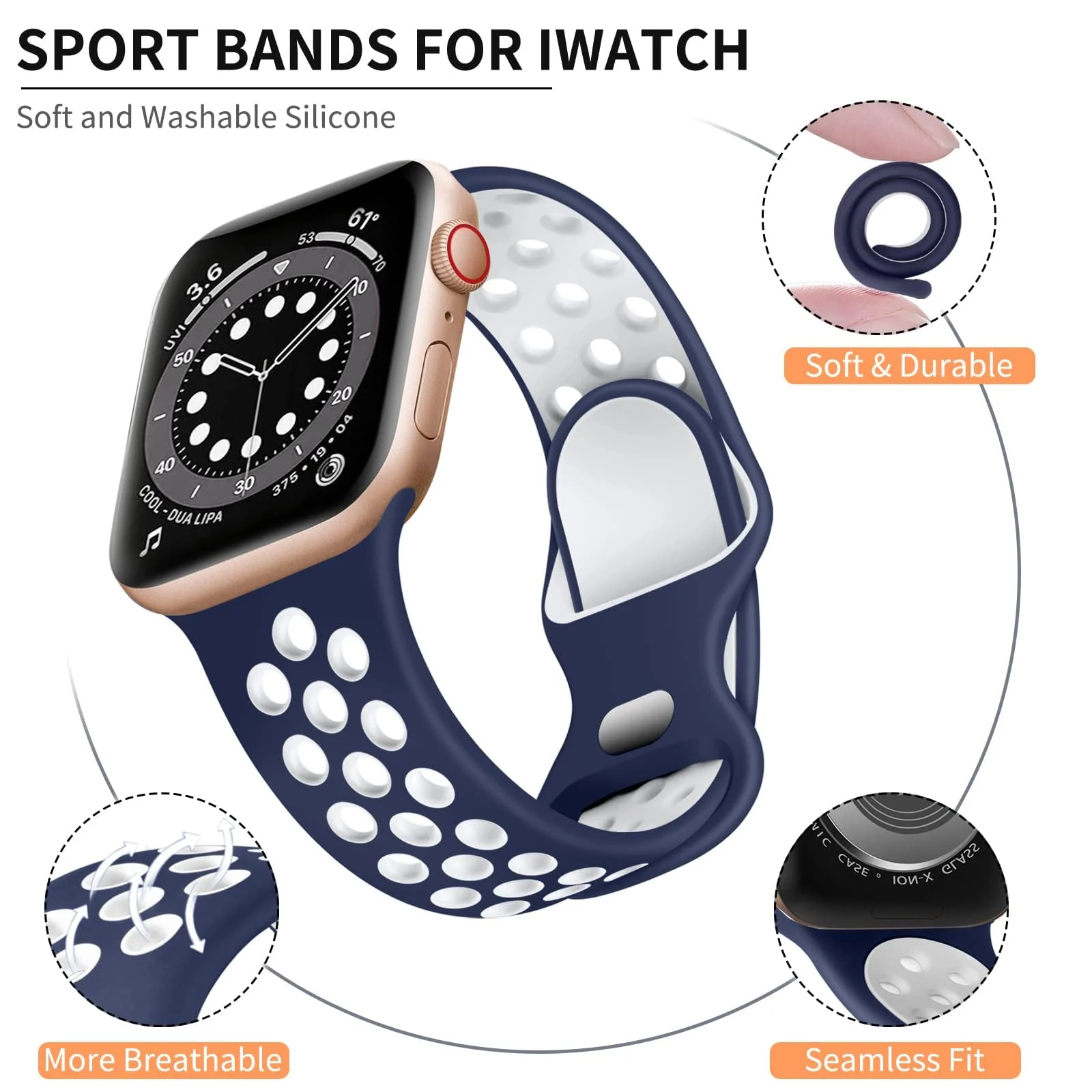 DL3 Mobilak Sport Strap For Apple Watch 49mm 45mm 44mm 42mm 41mm 40mm 38mm, Breathable Silicone Double Hole Band, for iWatch Ultra 2 Series 9 8 7 6 5 4 3 SE (&, 38mm/40mm/41mm) - Blue & White