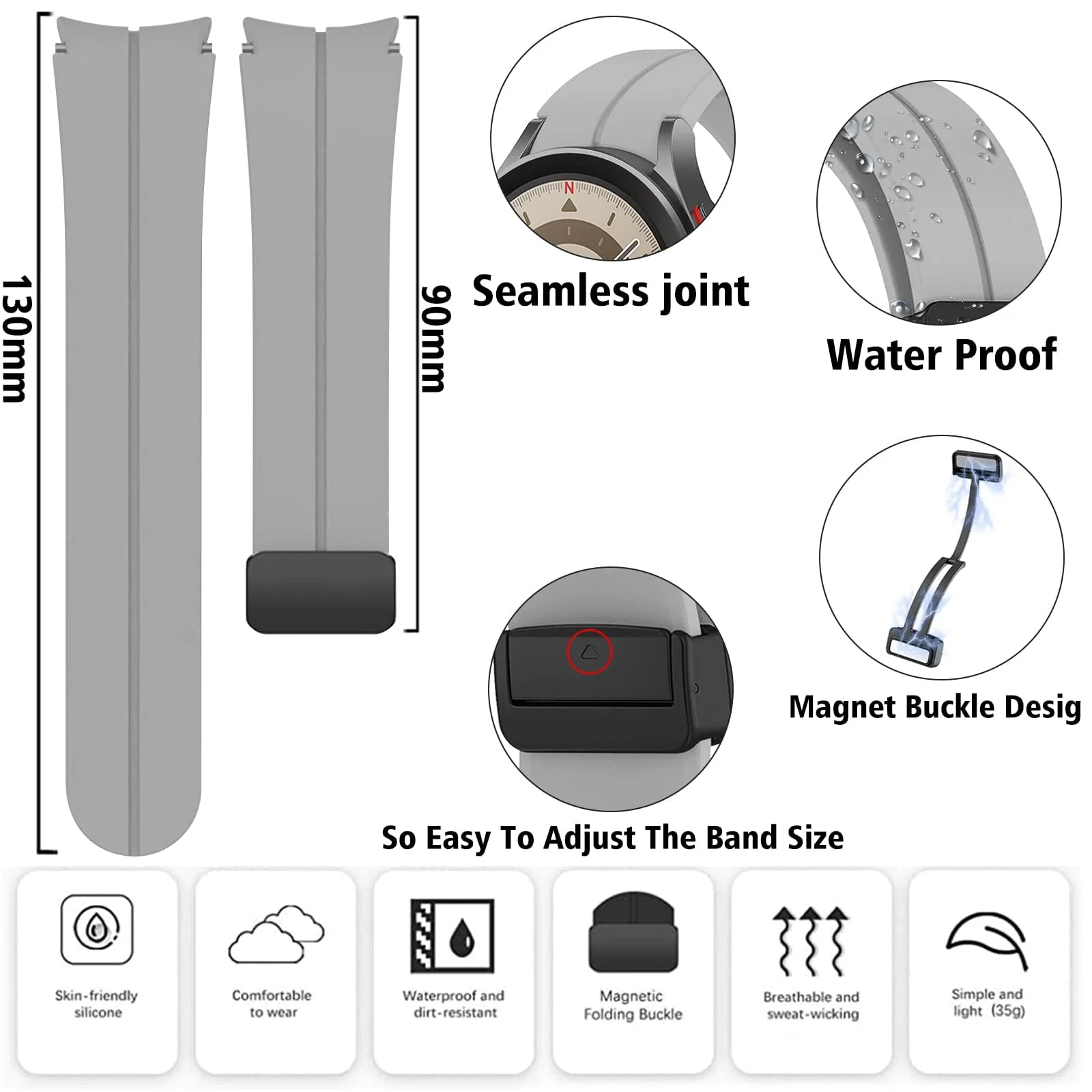 DL3 MOBILAK Magnetic Compatible with Samsung Galaxy Watch 6/5/4 Band 40mm 44mm/Galaxy Watch 6 Classic Bands 47mm 43mm/watch 4 Classic 46mm 42mm - Grey