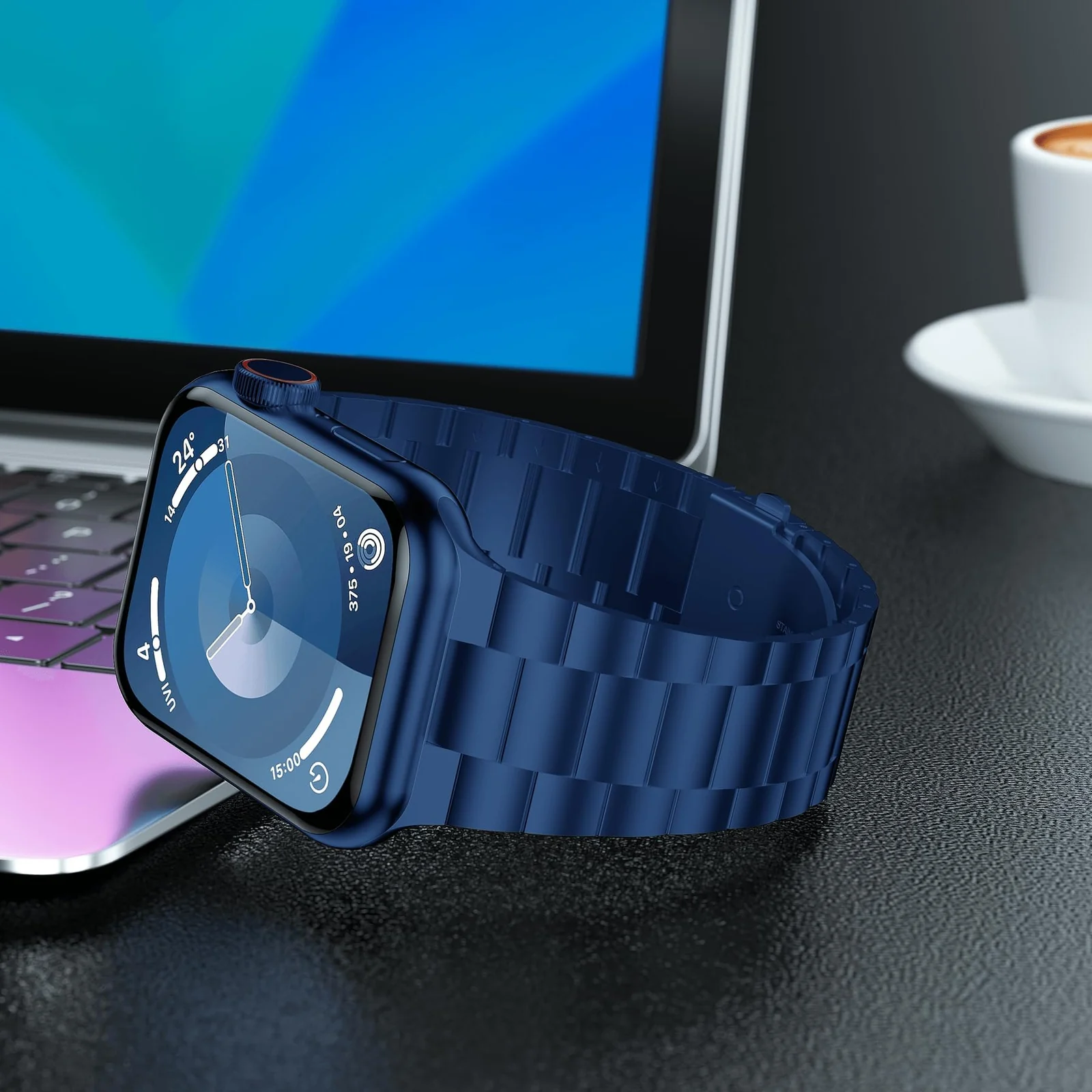 DL3 Mobilak Stainless Steel Band with Case Compatible with Apple Watch Band 45mm Series 9/8/7, Men Woman Business Strap with Protective Bumper Cover for iWatch Series 7/8/9 45mm - Blue