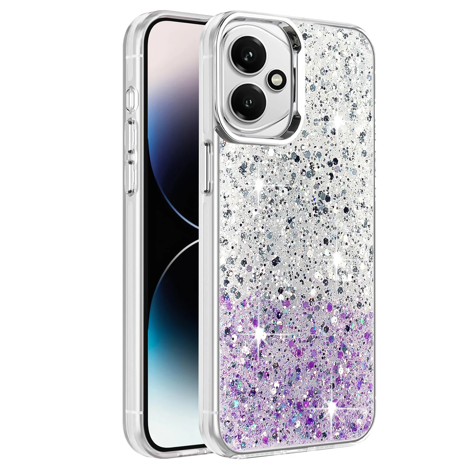 DL3 Mobilak Glitter Protective Case for Honor 400 5G, Supports wireless charging, Camera protection, Shock-absorbing protection - White Purple