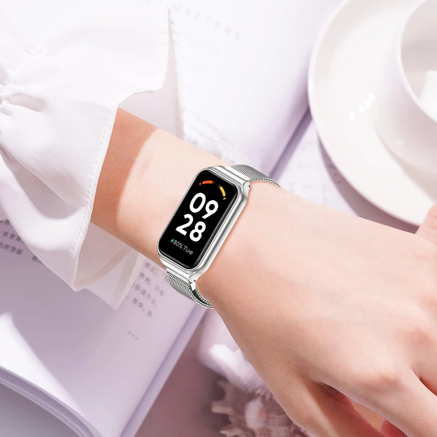 DL3 Mobilak Bracelet Compatible with Xiaomi Redmi Band 2/Smart Band 8 Active, Stainless Metal Magnetic Replacement Strap - Silver