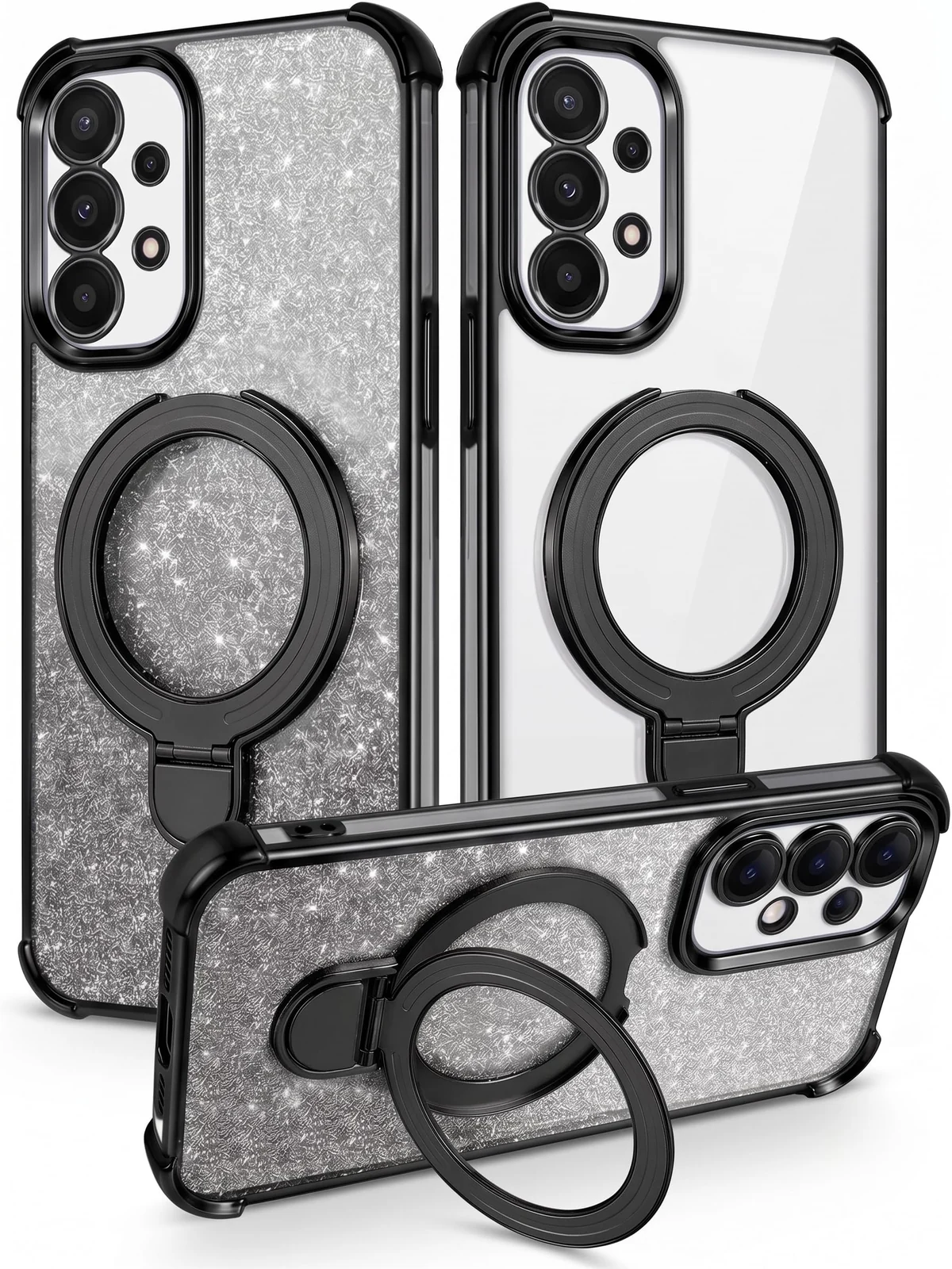 MOBIGON Glitter Phone Case with Magnetic Ring Stand for Samsung Galaxy A72, Black