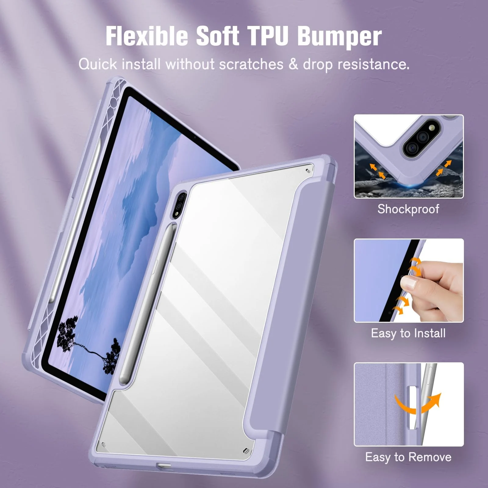 DL3 Mobilak Hybrid Slim Case for Samsung Galaxy Tab S9 FE+ / S9 FE Plus 12.4-Inch with S Pen Holder, Shockproof Cover with Clear Transparent Back Shell, Auto Wake/Sleep - Lavender