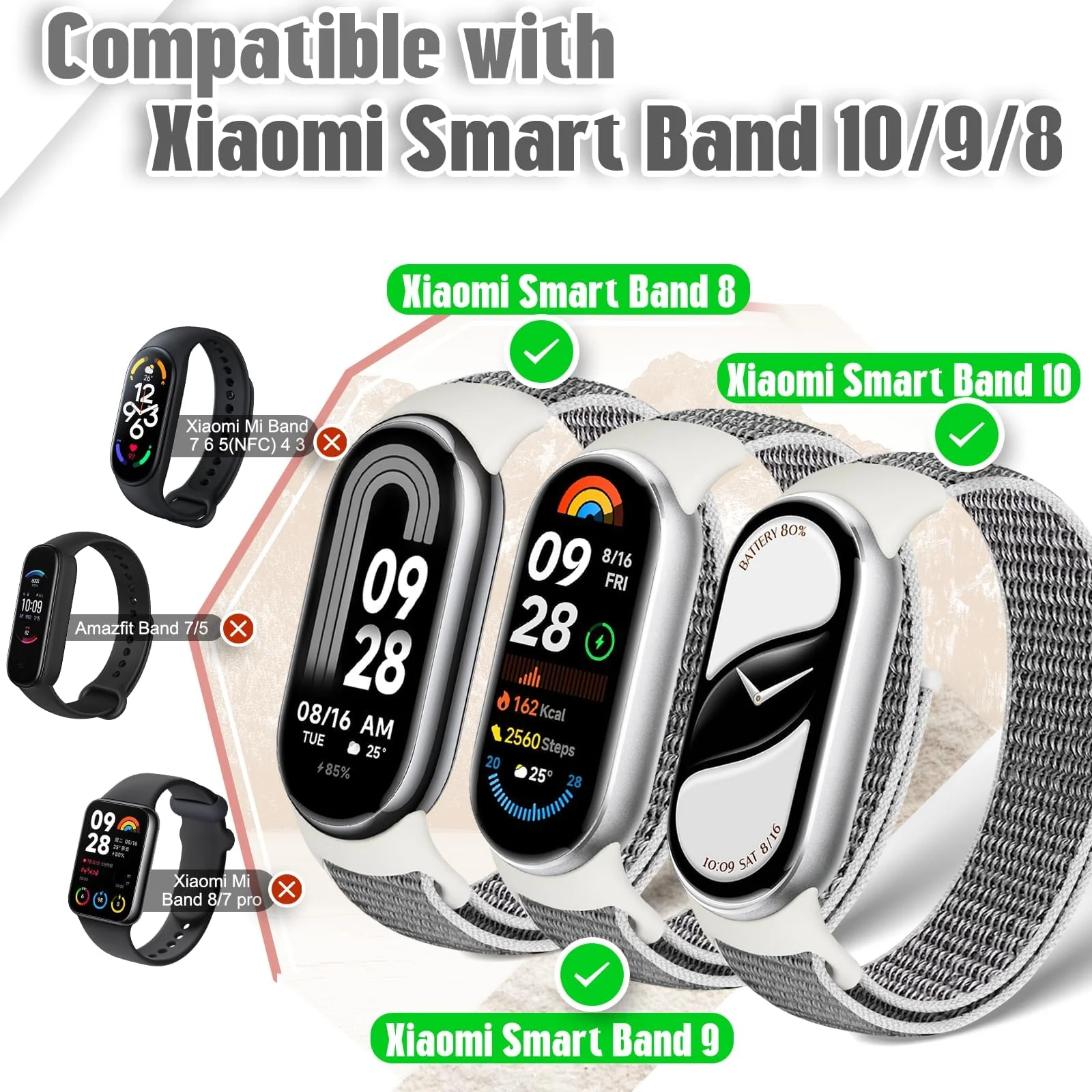 DL3 Mobilak Nylon Sport Band Compatible with Xiaomi Mi Band 10/9/8 for Women Men, Soft Adjustable Breathable Sport Loop Watch Strap Replacement Wristband for Xiaomi Smart Band 8/9/10 - Seashell