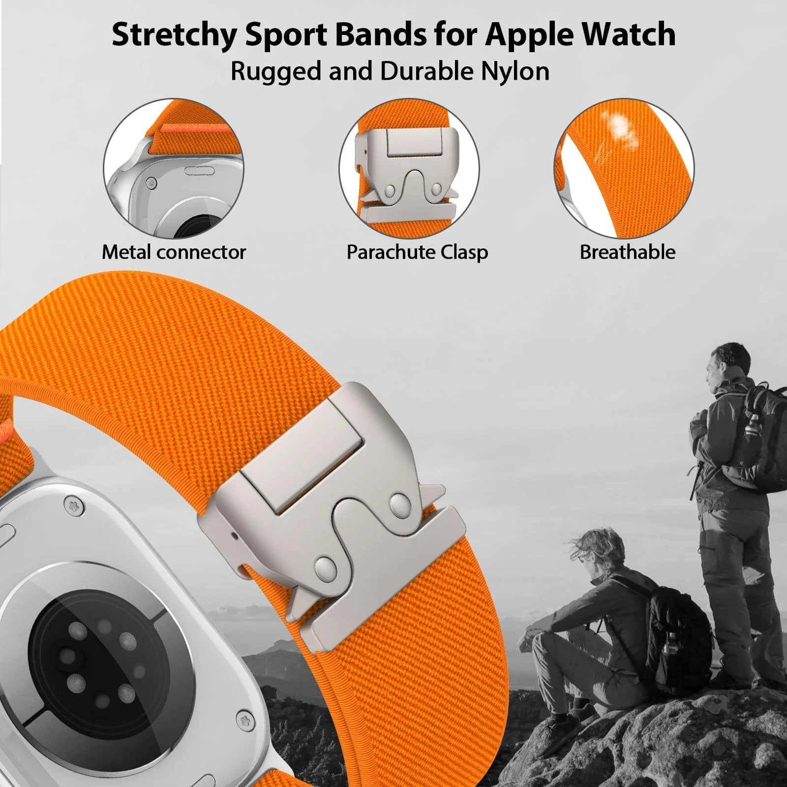 DL3 MOBILAK 22mm Elastic Nylon Parachute-Buckle Watch Strap for 22mm watch lugs - Orange