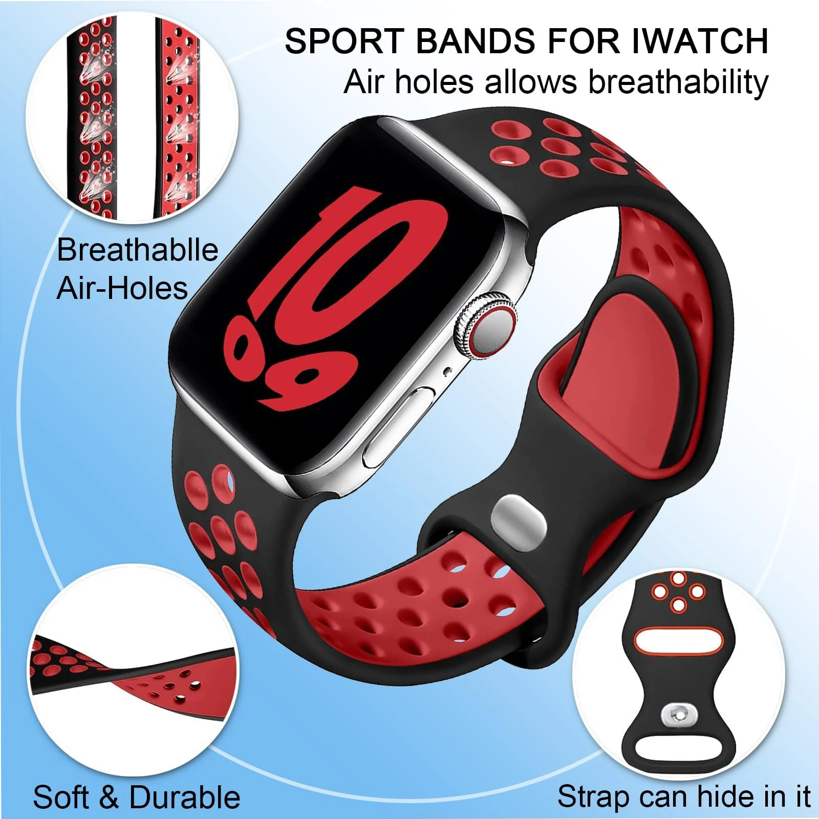 DL3 Mobilak Sport Strap For Apple Watch 49mm 45mm 44mm 42mm 41mm 40mm 38mm, Breathable Silicone Double Hole Band, for iWatch Ultra 2 Series 9 8 7 6 5 4 3 SE (&, 42mm/44mm/45mm/49mm) - Black & Red