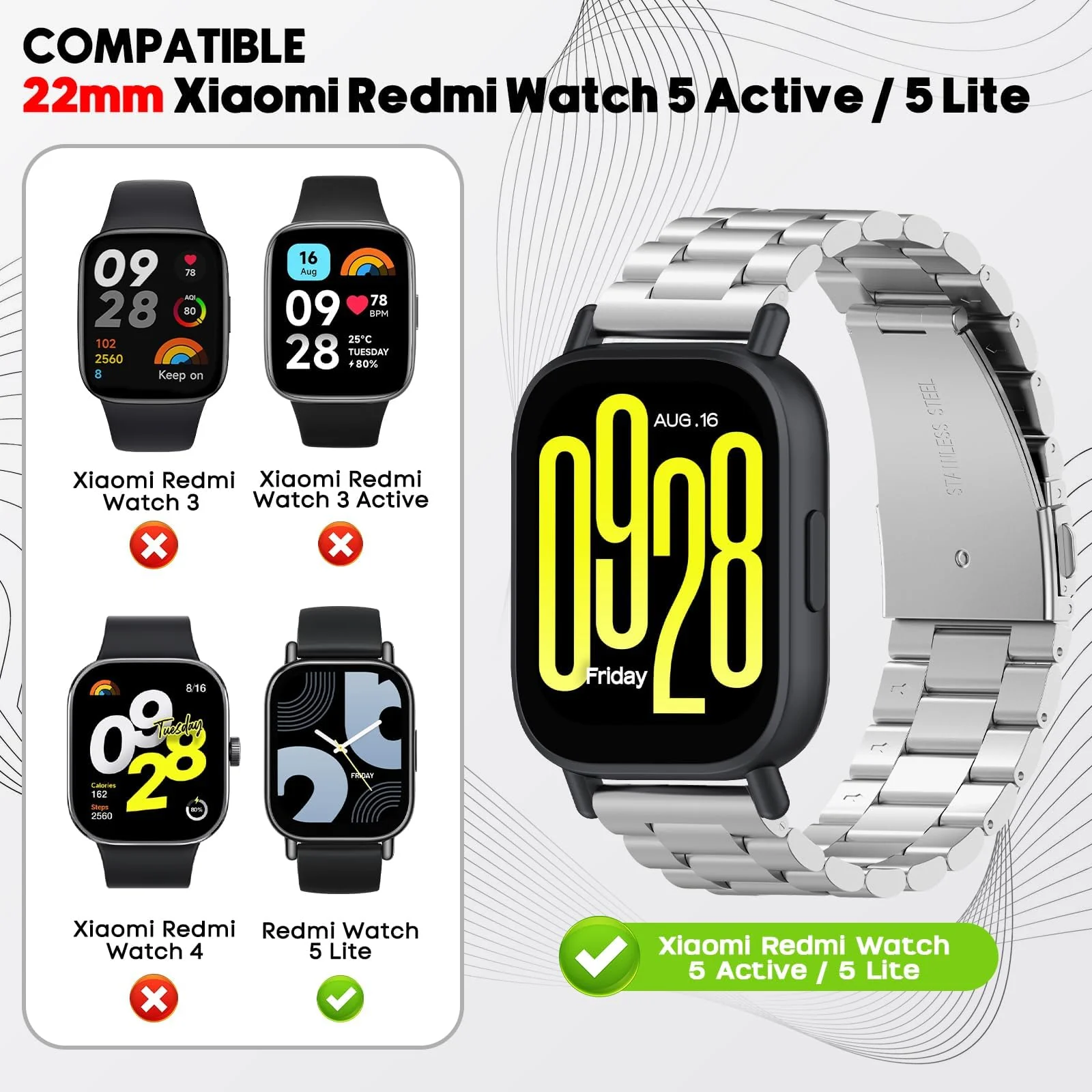 DL3 Mobilak Metal Bracelet Compatible with Xiaomi Redmi Watch 5 Active/Redmi Watch 5 Lite, 22mm Stainless Steel Replacement Band with Folding Clasp, Adjustable Replacement Bracelet Wristband - Silver