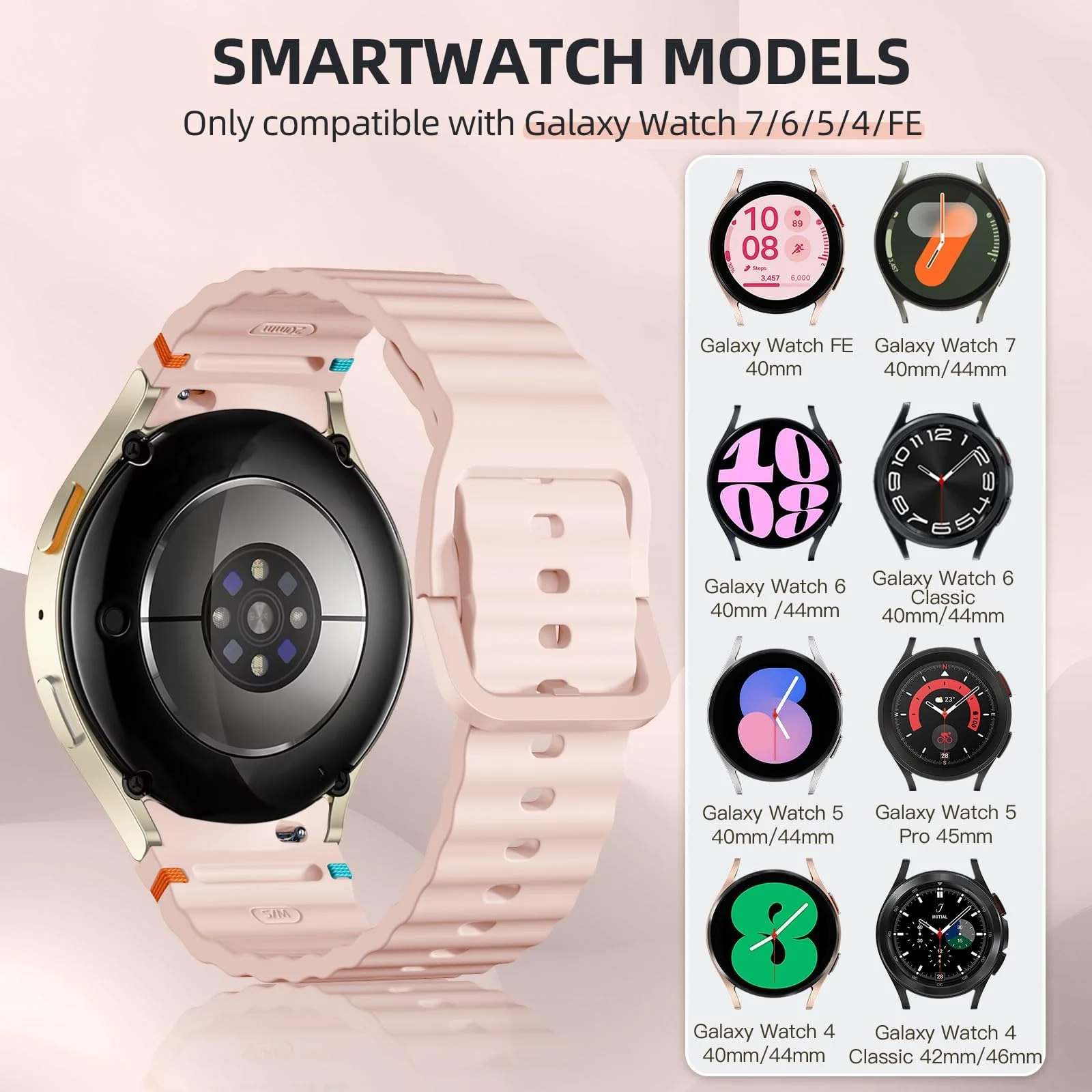 DL3 Mobilak No Gap Sport Bands For Samsung Galaxy Watch 7 6 5 4 FE Strap 40mm 44mm, Soft Silicone Sport Band for Galaxy Watch 6 Classic Straps 47mm 43mm/Galaxy Watch 5 Pro/Watch 4 Classic 42mm 46mm for Men Women - Pink