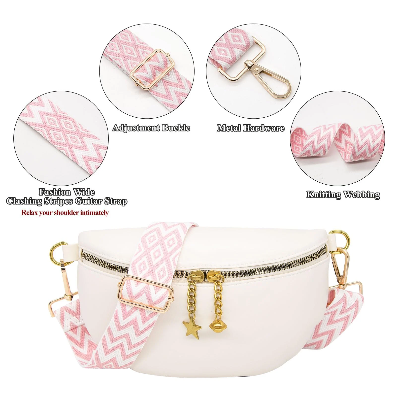 DL3 Mobilak Adjustable Wide Crossbody Bag Strap for Women, Replacement Shoulder Strap for Handbags, Totes & Purses with Elegant Embroidered Pattern and Metal Hooks - White-Pink