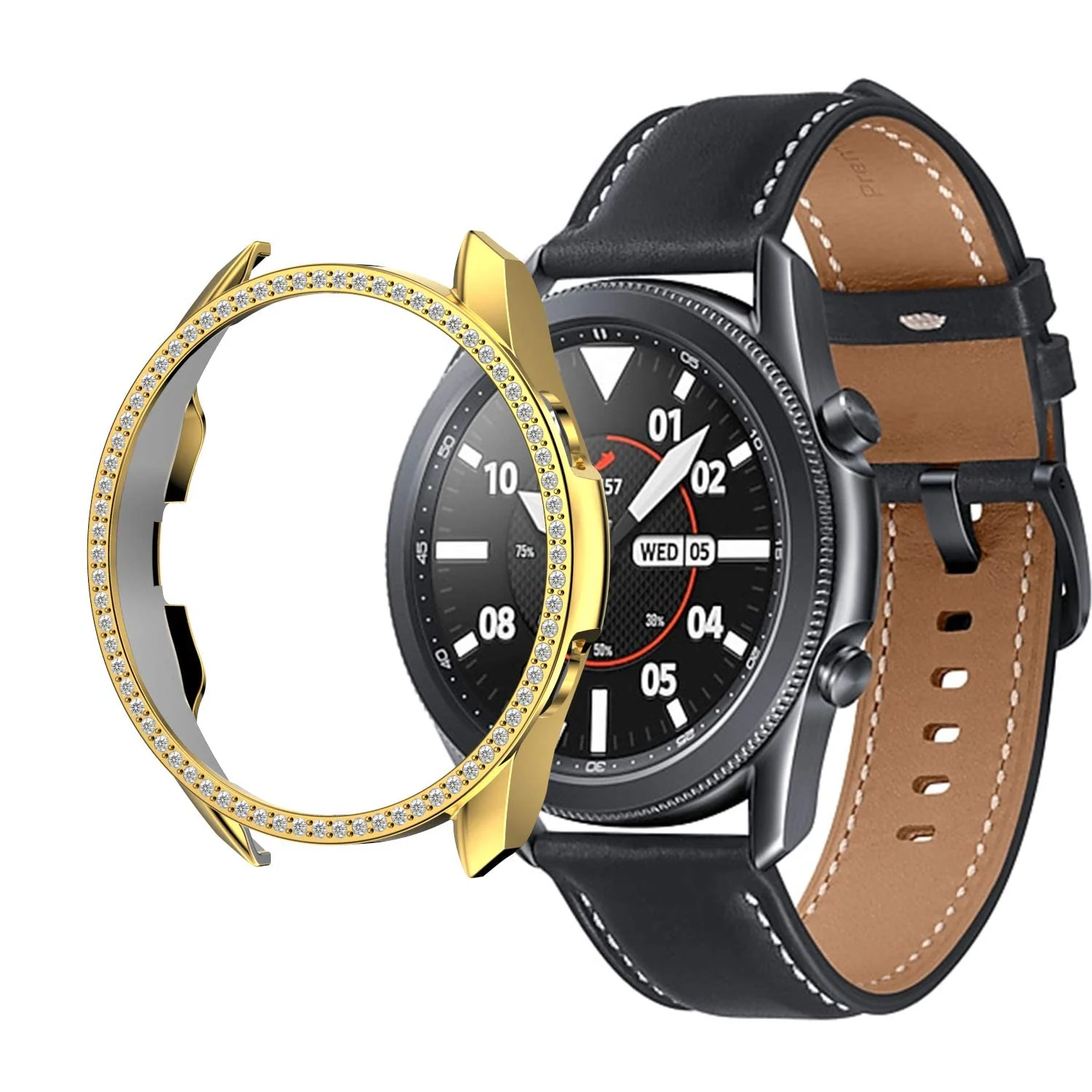 DL3 Mobilak Bumper Diamond Case Compatible with Samsung Galaxy Watch 3 45MM, Bling Crystal Diamonds PC Plastic Protector Case Cover Frame for Galaxy Watch3 45 MM - Gold