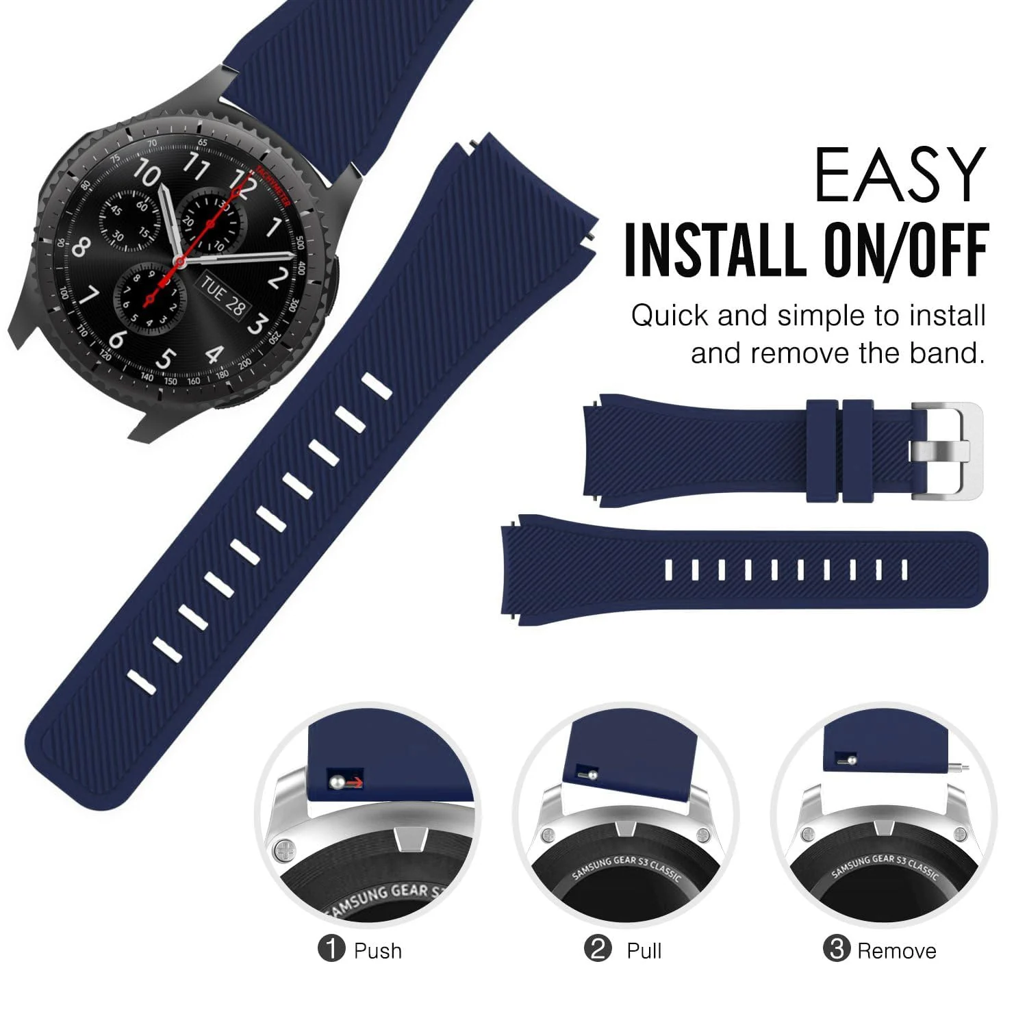 DL3 Mobilak Sport Silicone Band 20MM Strap For Samsung Gear Sport/Watch 6/5/4/5 Pro 45mm/S2 classic/active 2 40mm 44mm/Amazfit GTS/2/2e/GTS3/3 Pro/2 Mini/3 Mini/Bip 3/Bip 3 Pro - Navy Blue