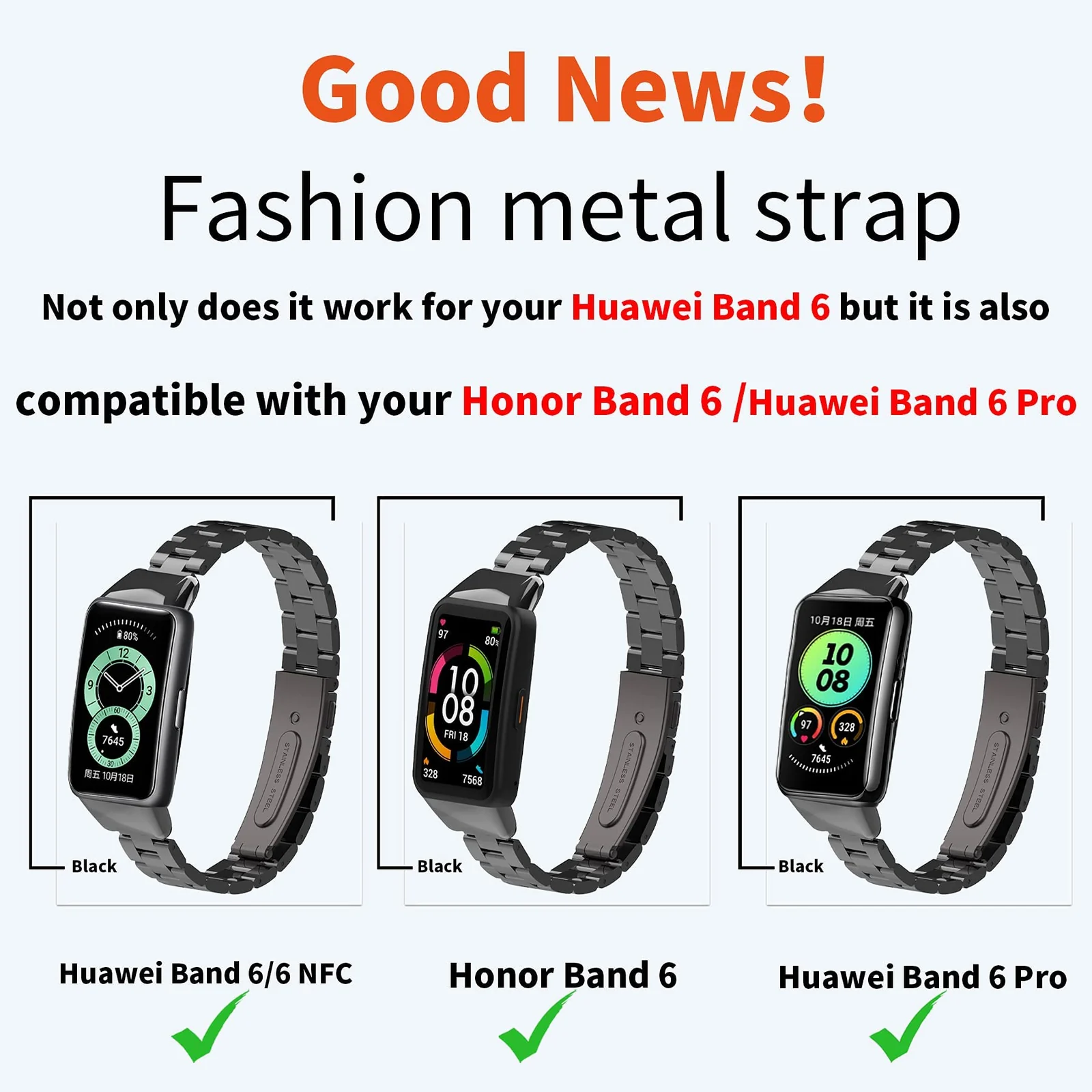 MOBIGON Stainless Steel Bracelet Strap with Double-Folding Clasp for Huawei Band 6 / HONOR Band 6 / HONOR Band 7, Black