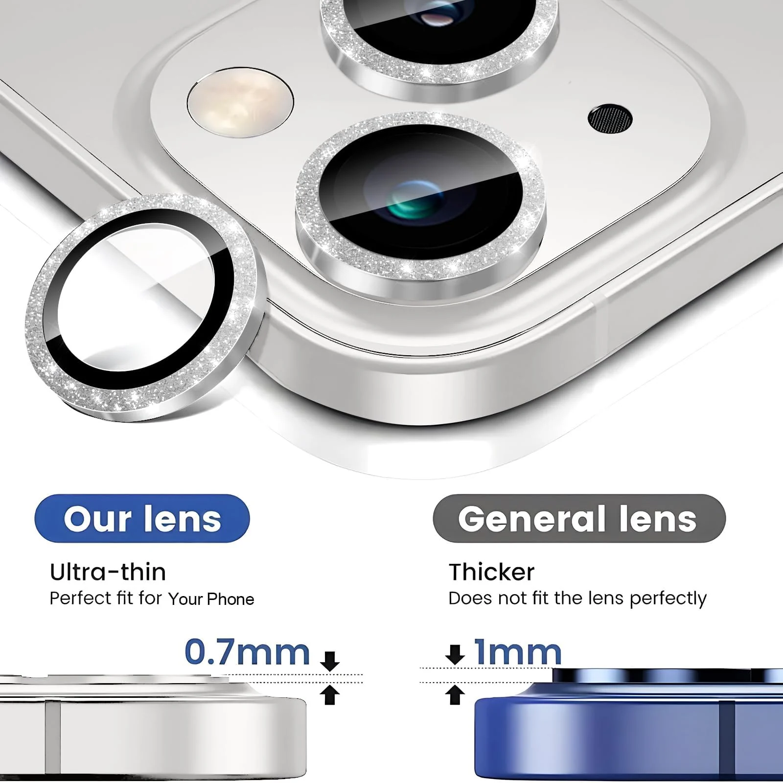 DL3 Mobilak Compatible with iPhone 15/15 Plus & iPhone 14/14 Plus Camera Lens Protector, Anti-Scratch HD Tempered Glass Lens Screen Protection Cover, Metal Individual Lens Ring - Glitter Silver