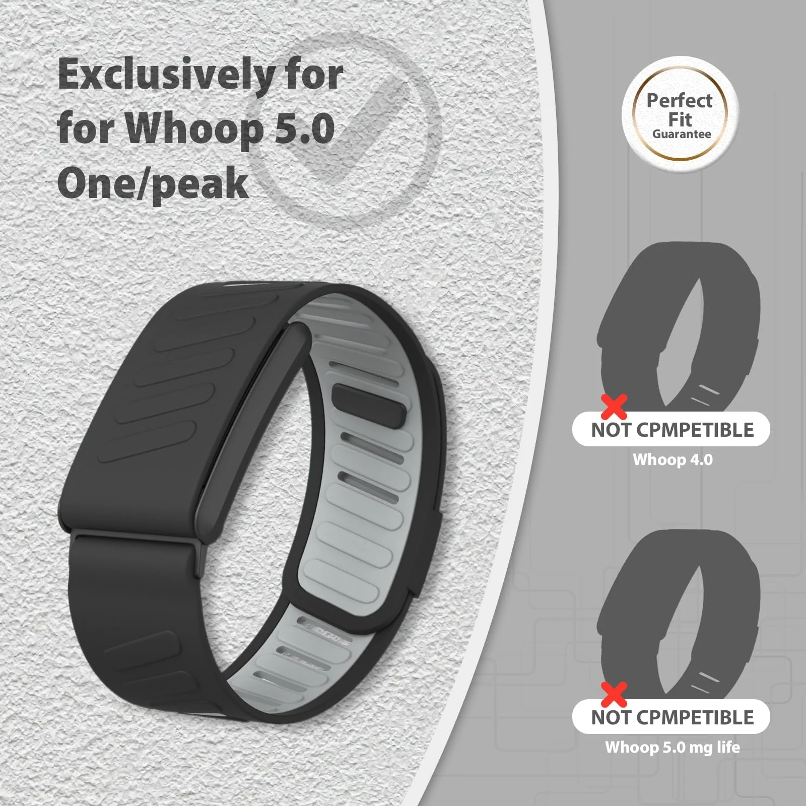 MOBIGON Breathable Silicone Sport Strap for WHOOP 5.0 One / Peak (Not Life), Black / Gray